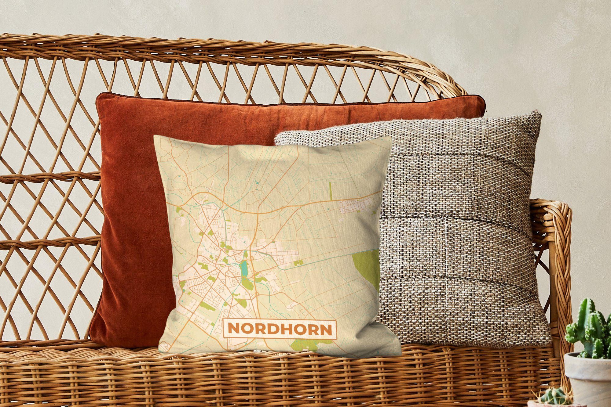 Füllung Stadtplan Dekokissen Schlafzimmer, mit Sofakissen - MuchoWow - Karte Deko, Wohzimmer, für Nordhorn - Vintage Zierkissen - Karte,