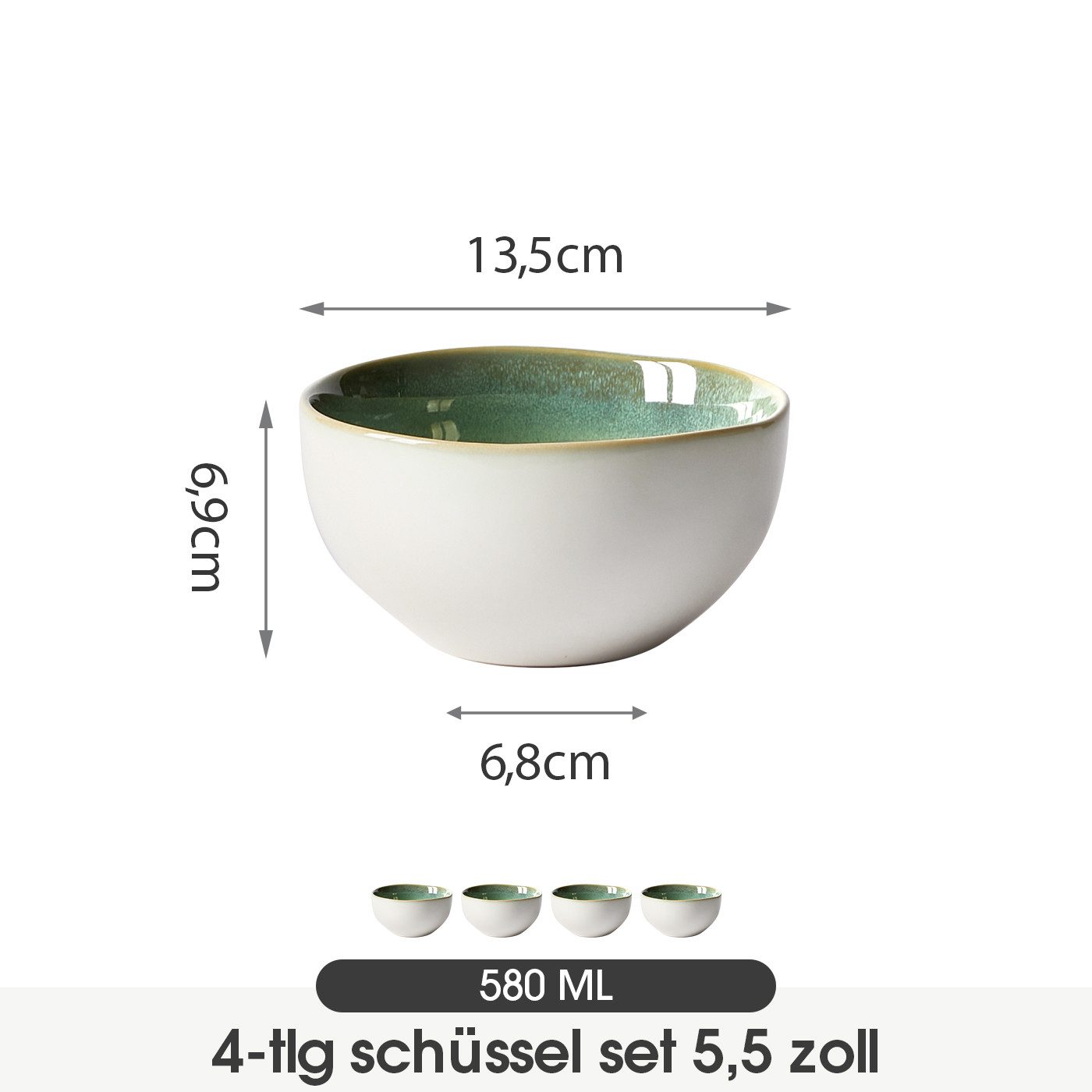 JIWOO Salatschüssel 4er Ø13.5cm, Müslischüssel Suppenschüssel Dessertschale Obstschale, Keramik, (Schüsselset, 4-tlg), Hochwertiges Schüsseln Grün Mikrowellen und spülmaschinenfest Ø13,5cm