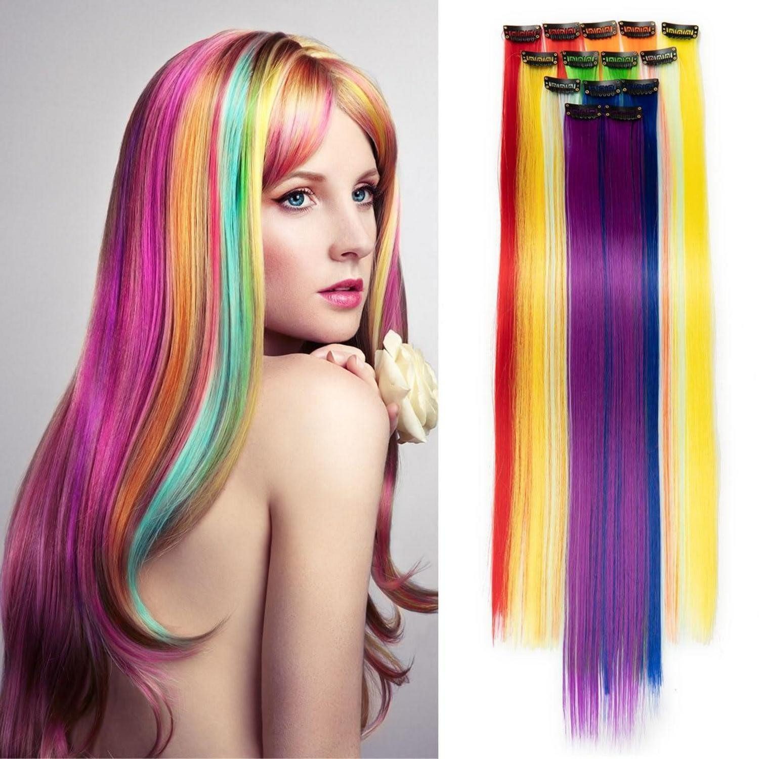 LuxusKollektion Kunsthaar-Extension Haarverlängerungen Clipin 22Zoll 10Stück Cosplay Party Regenbogen