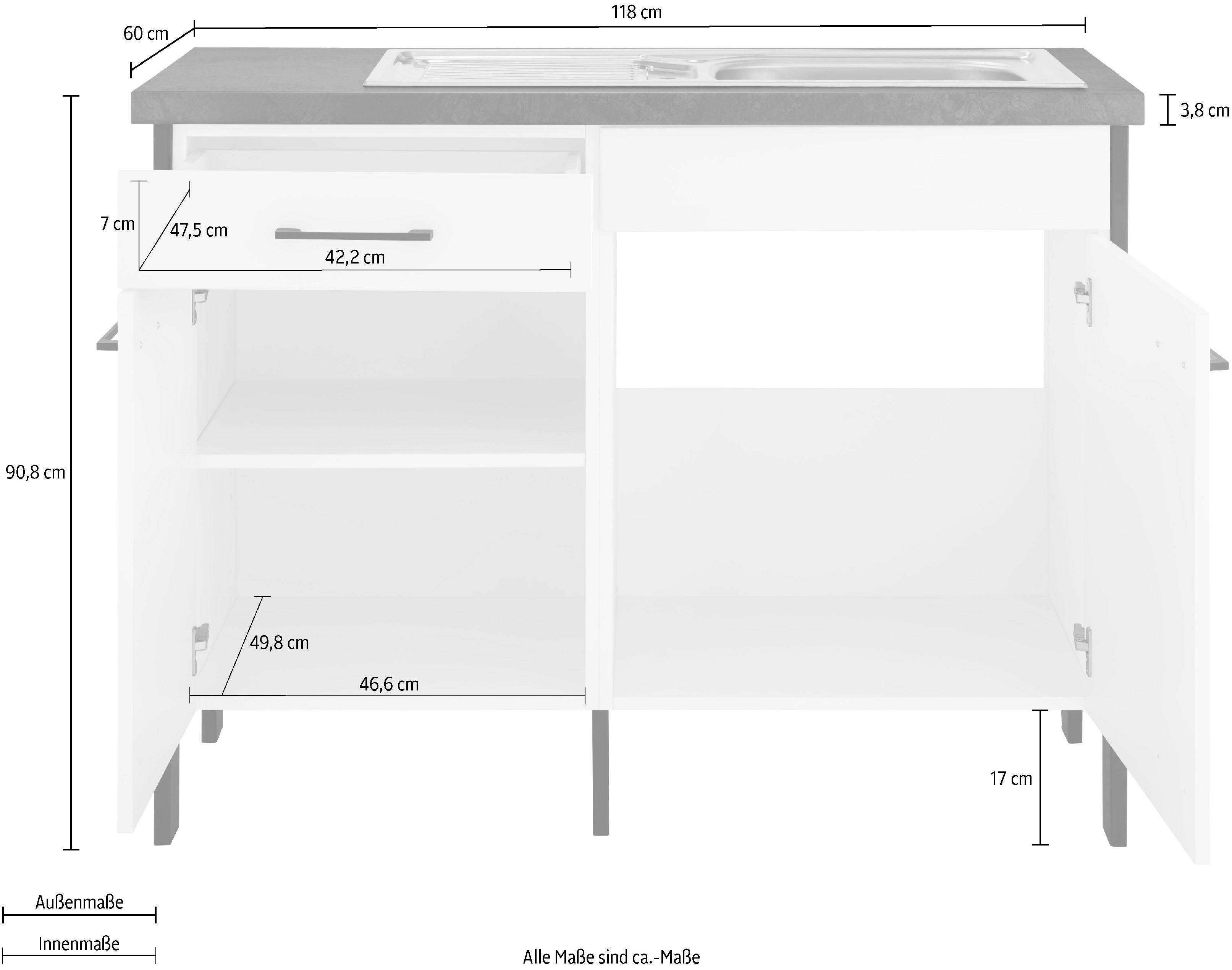 OPTIFIT Spülenschrank Tokio 118 cm mit mit wildeichefarben-granit Vollauszug schwarz | wildeichefarben breit, Stahlgestell