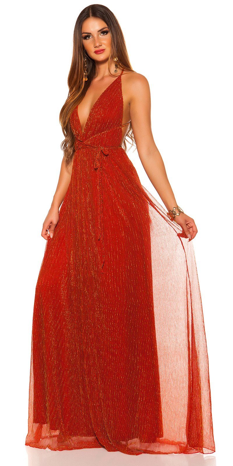 Plissee-Stil glänzendes, mit Plissee glitzerndes Maxikleid Abendkleid rotgold Rücken Koucla offenem im Material,