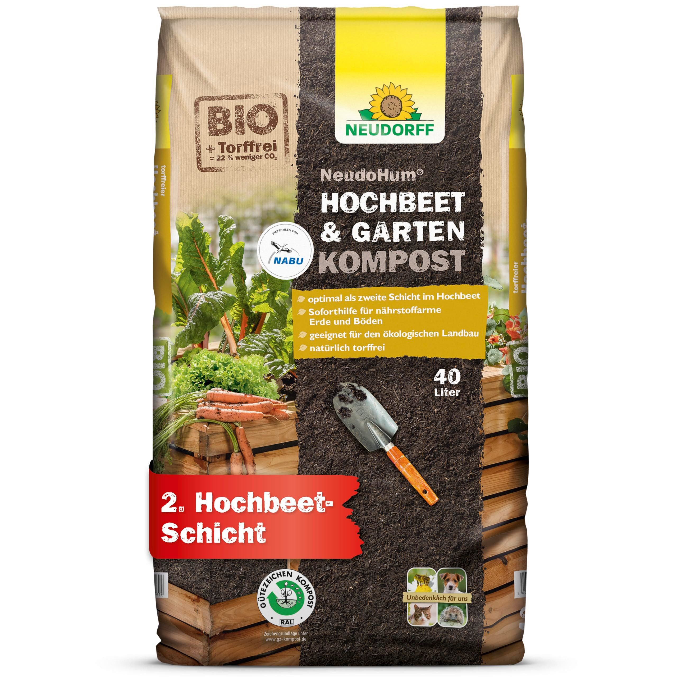 Neudorff Bio-Erde NeudoHum Bio Hochbeet- und GartenKompost 40 Liter, mit Bodenhilfsstoff / Komposterde, (Torffreier Bio-Kompost ideal als zweite Schicht im Hochbeet, unkrautfrei und nährstoffreich), verbessert die Struktur des Bodens und das Leben im Boden