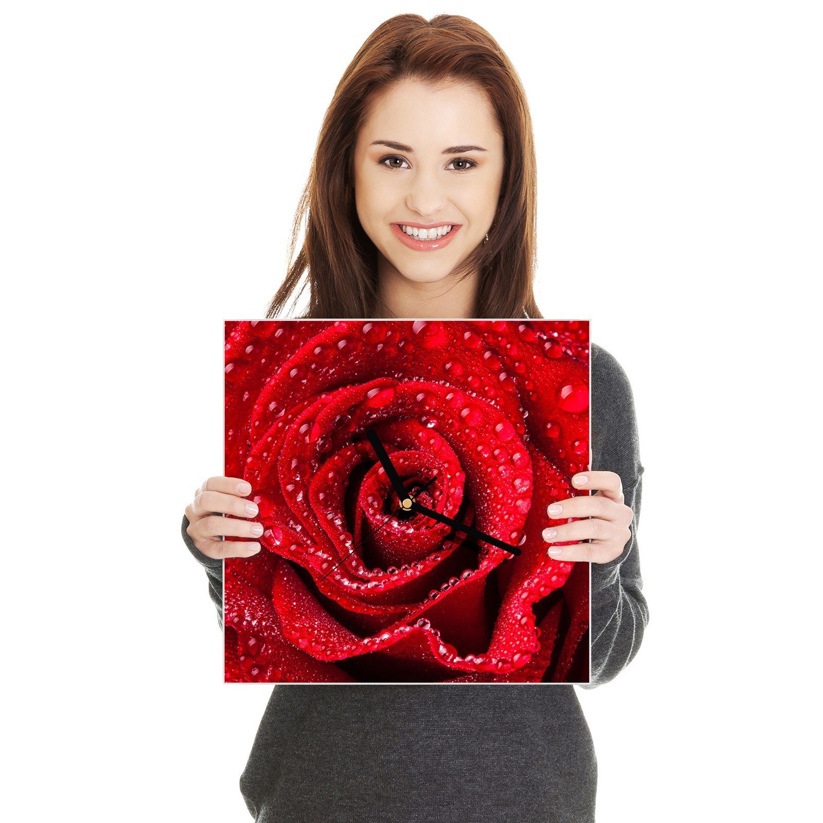 mit x Wanduhr Wandkunst Größe mit Rose Primedeco 30 cm Motiv 30 Glasuhr Wanduhr Wassertropfen