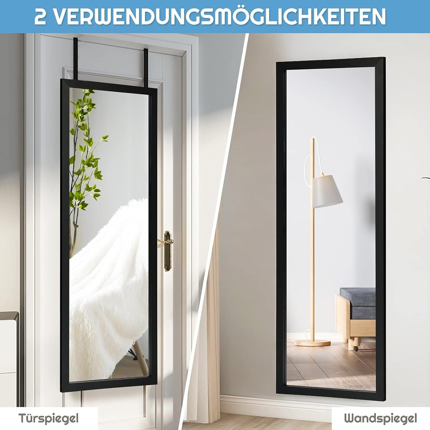 ToteBox Wandspiegel 33x119cm unbrechbarer Garderobenspiegel höhenverstellbarer mit Haken