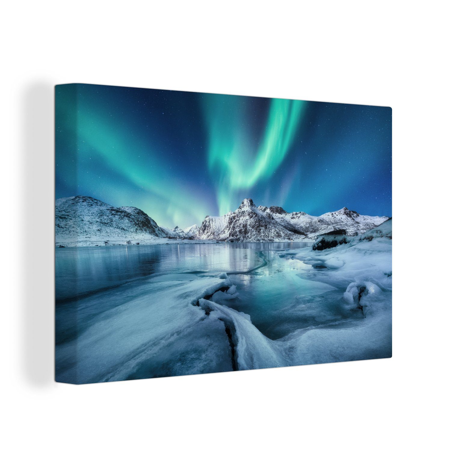 OneMillionCanvasses® Leinwandbild Nordlichter - Schnee - Eis - Norwegen, (1 St), Wandbild Leinwandbilder, Aufhängefertig, Wanddeko, 30x20 cm