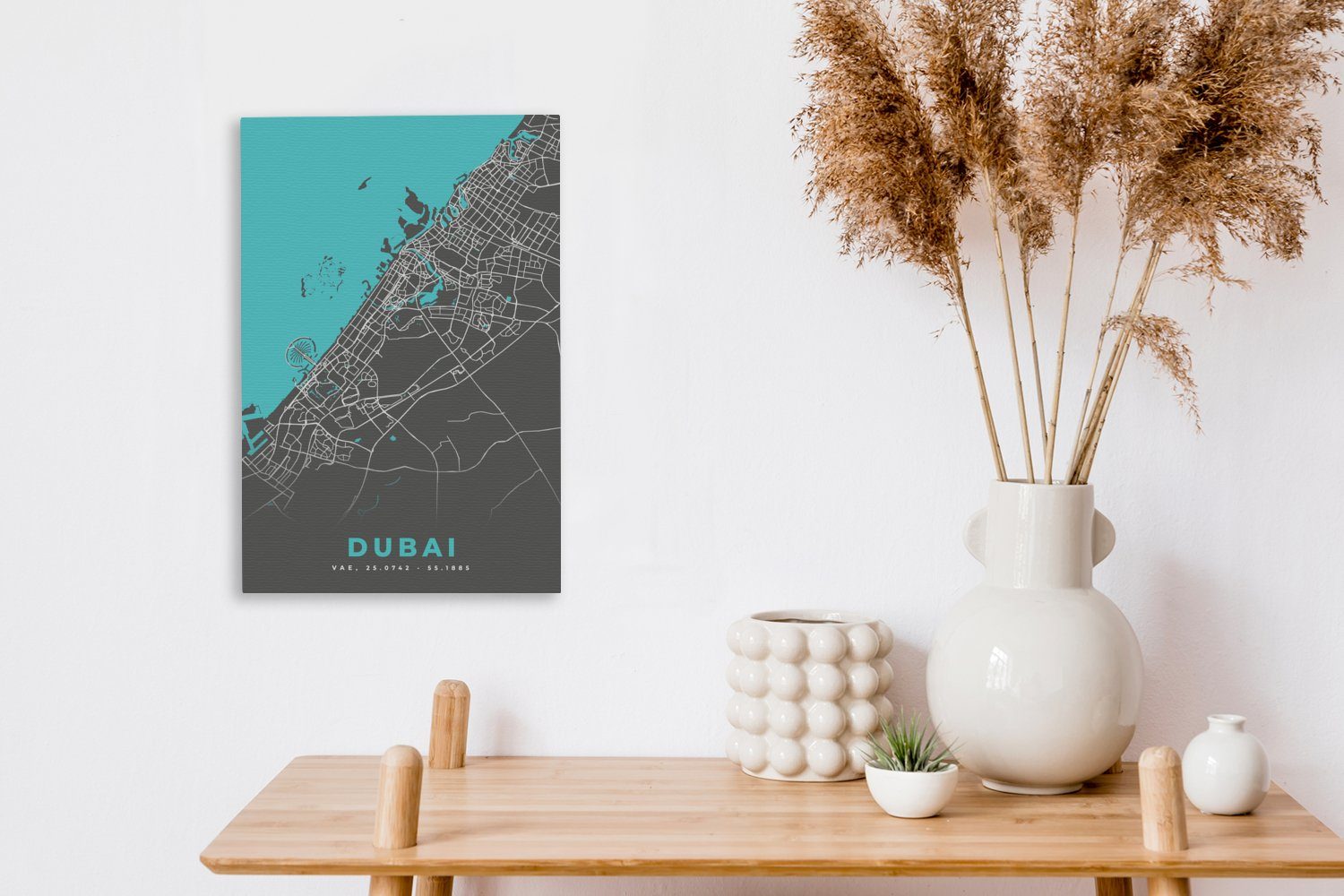 Leinwandbild cm fertig Leinwandbild Stadtplan, bespannt Gemälde, 20x30 Dubai - OneMillionCanvasses® - - (1 St), inkl. Zackenaufhänger, Karte Blau