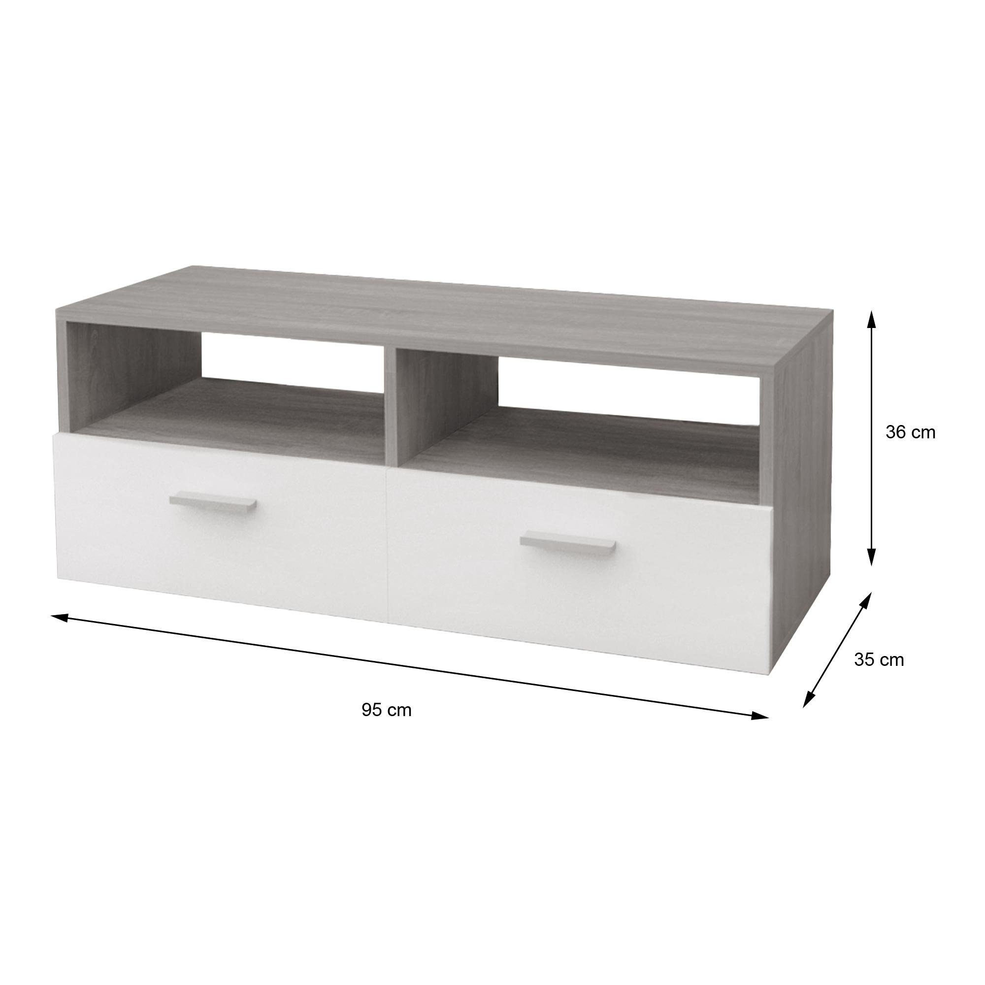 aus Modernes Holz, Fächern TV-Board Weiß mit mit Grau, 2 für Wohnzimmer, 2 Klapptüren offenen Stauraum Sideboard ML-DESIGN und TV-Lowboard