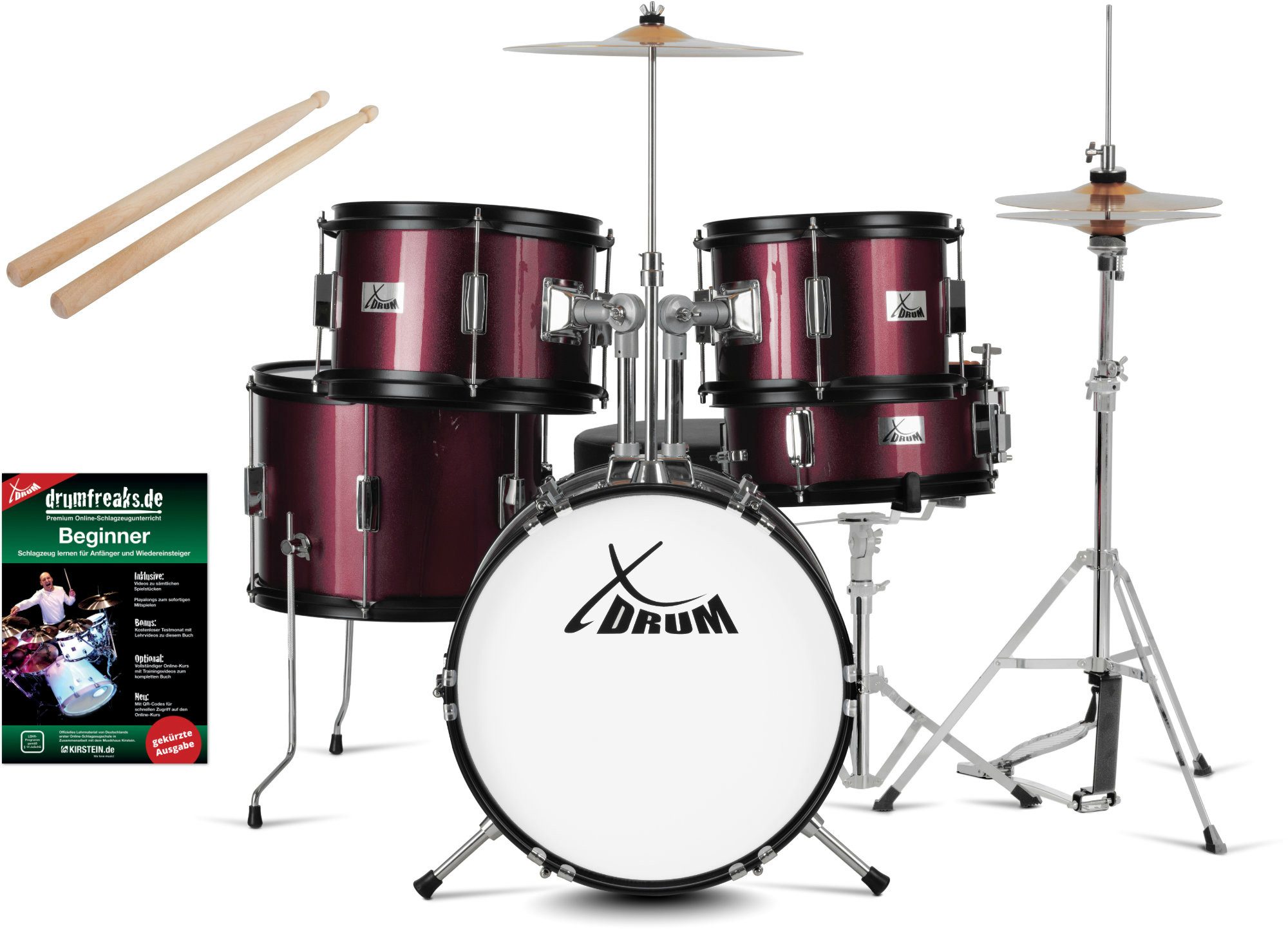 XDrum Kinderschlagzeug Junior Pro,Komplettes Drumset, Inkl. Drumsticks, Fußmaschine & Schlagzeughocker, Kesselgrößen: Bass Drum 16", Snare Drum 12", Zwei Tomtoms 10" & 11"