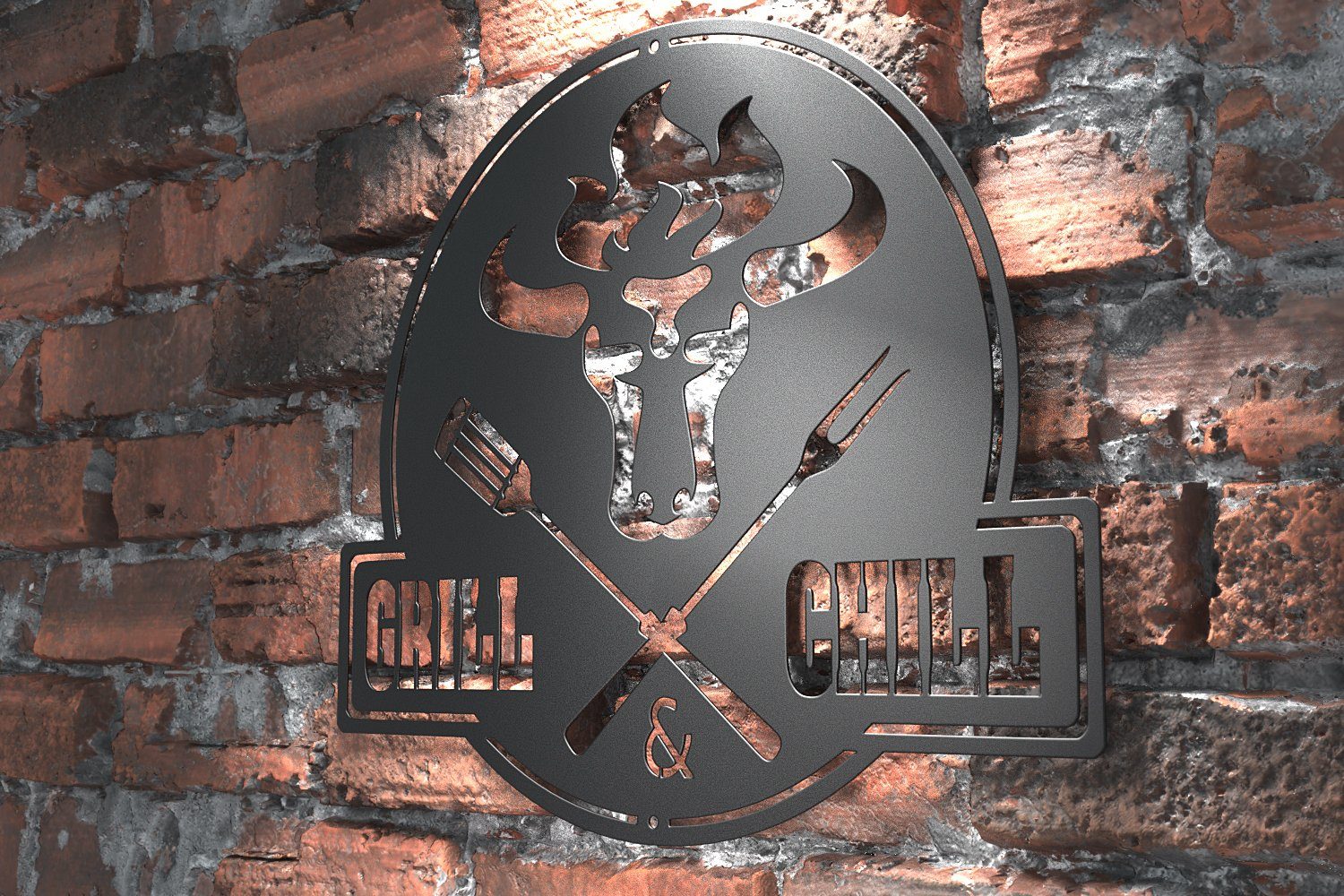 tuning-art Schwarz Stahl GC02-B + Wanddekoobjekt Bulle Schild Grill&Chill Grill & Grill Schwarz Chill