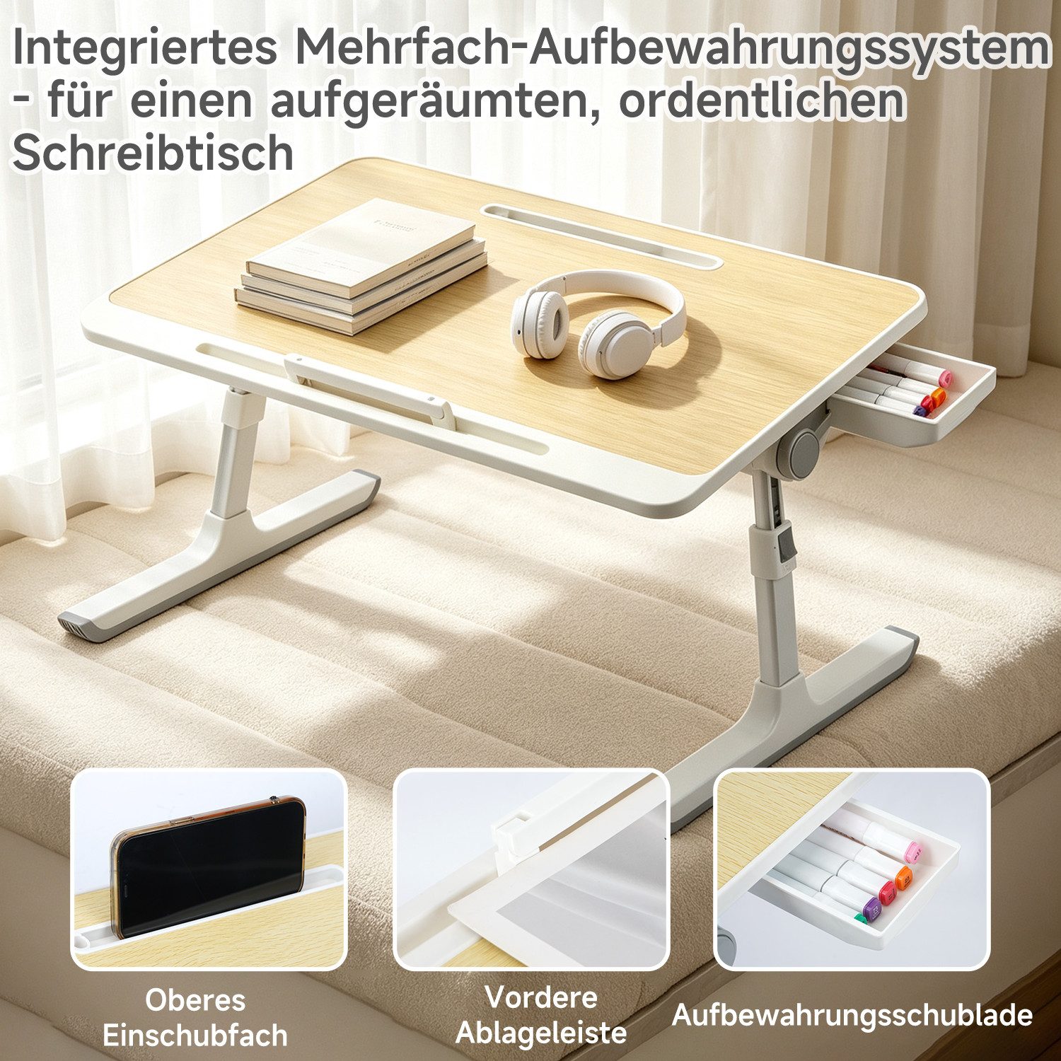 OSTWOLKE Laptoptisch Betttisch Klappbar mit Schublade höhenverstellbar Tisch 60x40cm, Laptoptisch mit Laptop-Stopper, für Sofa, Couch, Bett oder Tisch – Bild 5 von 5
