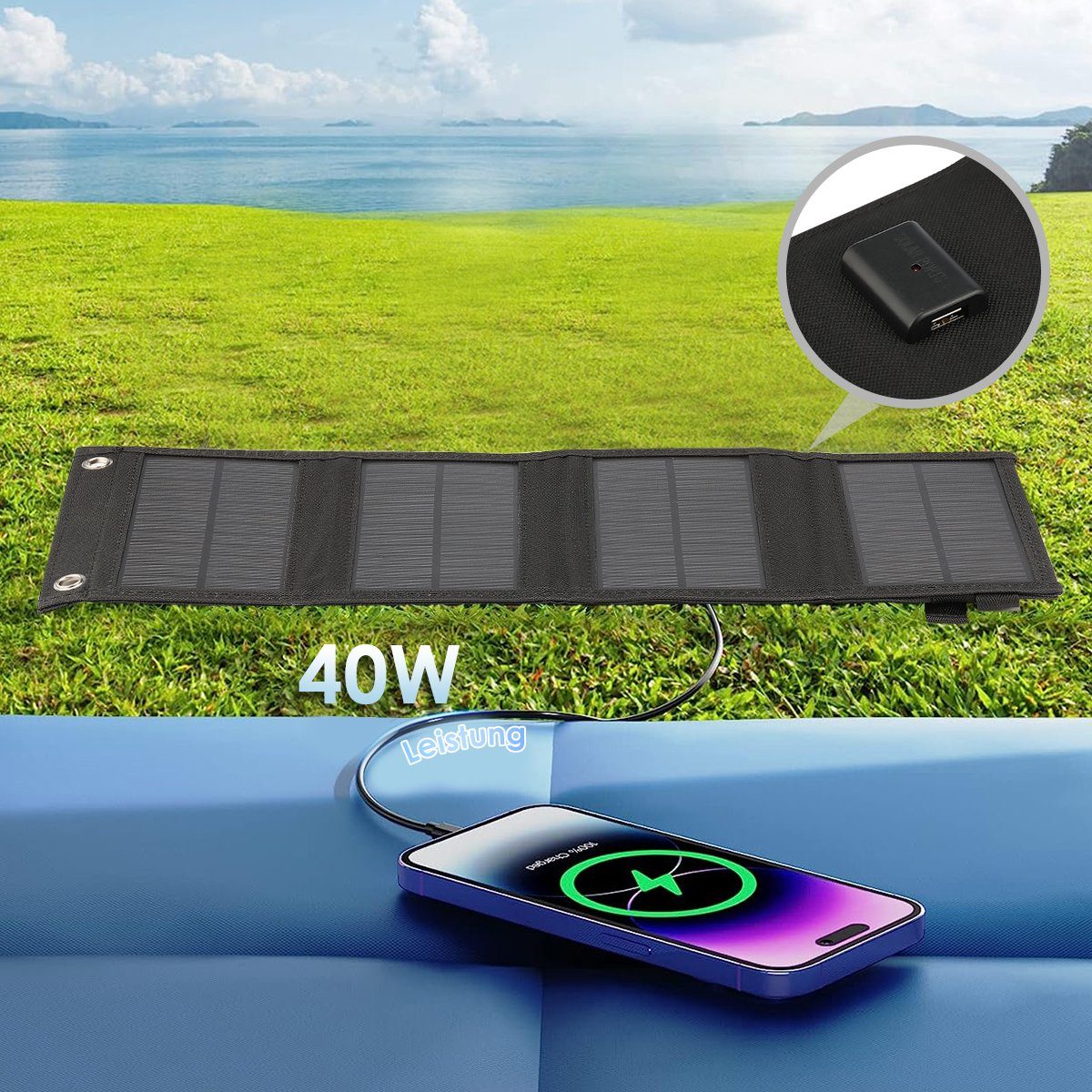 LETGOSPT Solarmodul 40W Tragbares ideal IP65, Touren/Aktivitäten Powerbank, Tablets, für Solarladegerät, Handy, mit Kompatibel Wasserdichte 40,00 USB-Solarladegerät, W