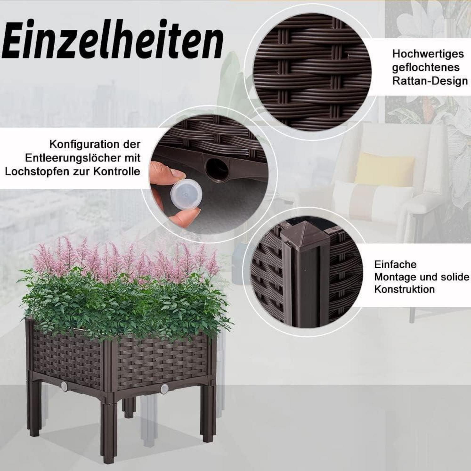 LuxusKollektion Blumenkasten Blumenkübel Rattan Optik Selbstbewässerung Spalier 40x40x38cm Braun
