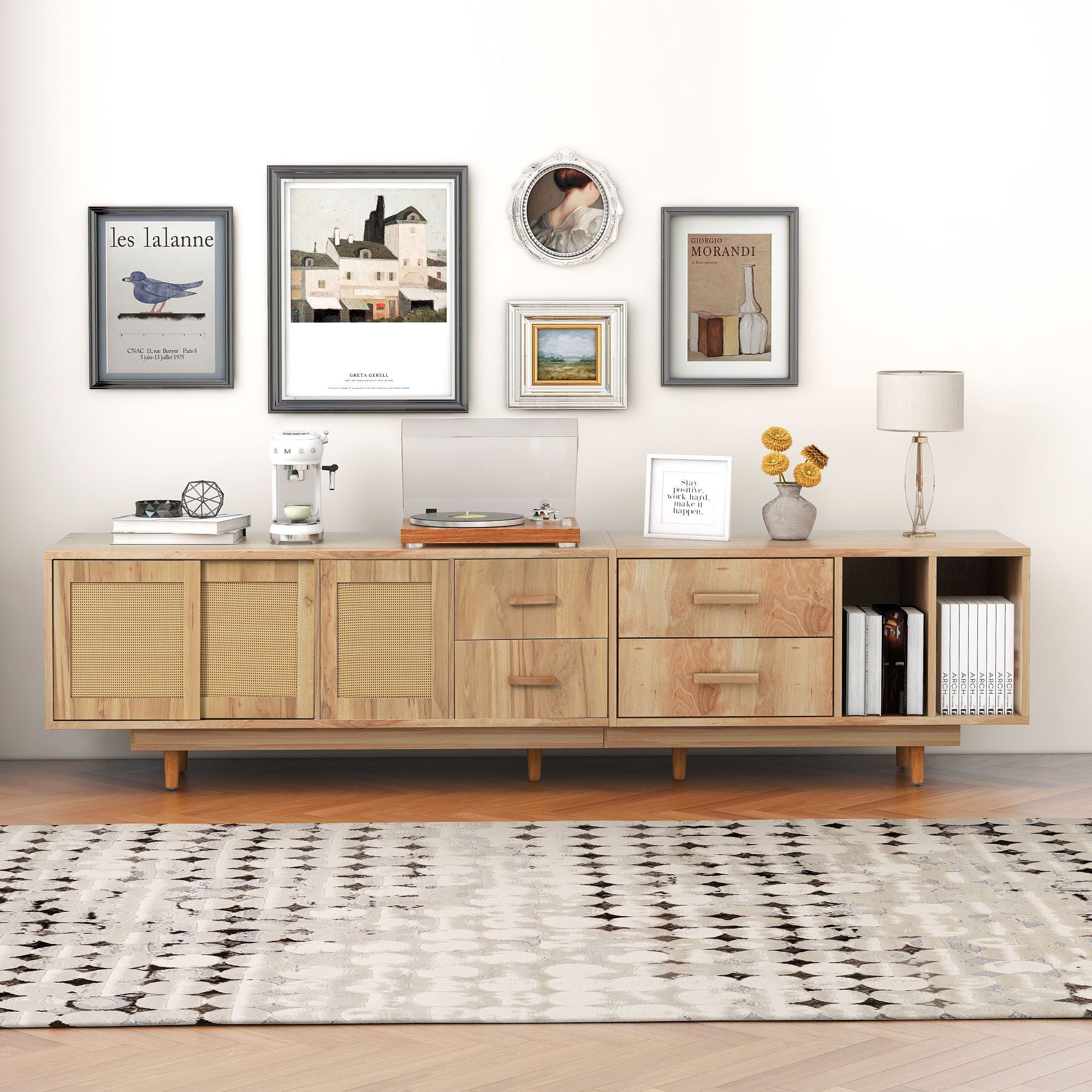 Lowboard (mit 2 Schiebetüren, 1 Türen und 2 Schublade), TV-Schrank Türen aus Rattangeflecht, Massivholzbeine, Breite 190 cm