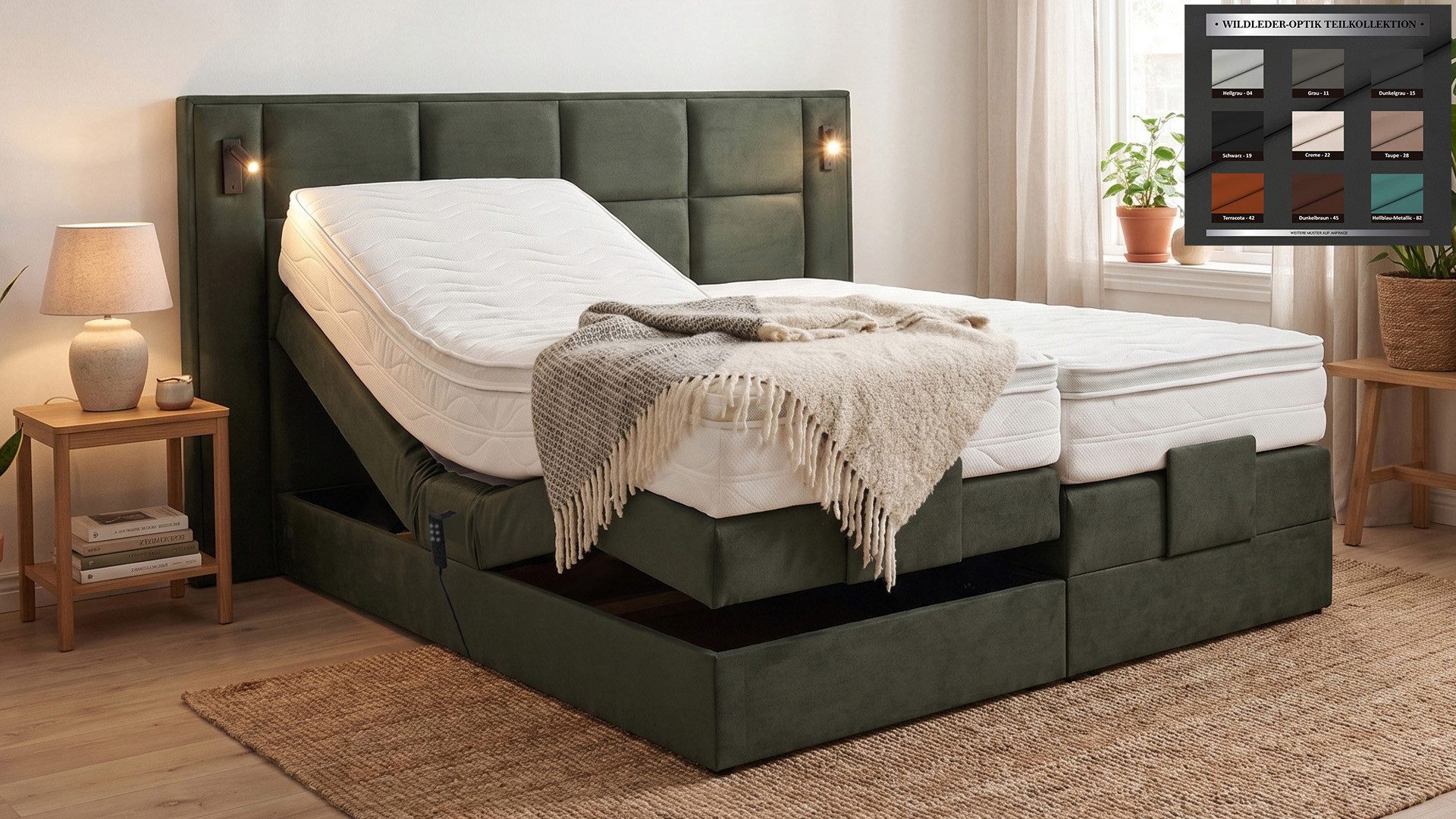 PAARA Boxspringbett elektrisch verstellbar mit LED Beleuchtung inkl. Matratze und Topper, mit einzigartigem Belüftungssystem