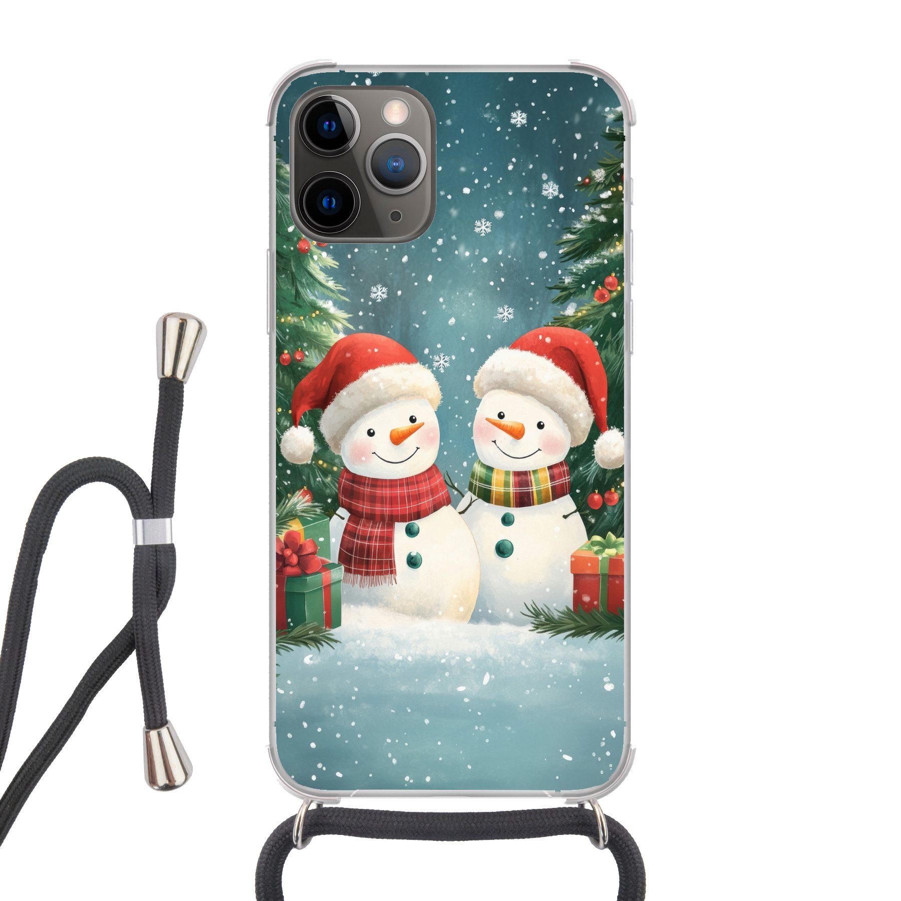 MuchoWow Handyhülle für Apple iPhone 12 Pro Schneemann - Weihnachtsschnee - Grün - Rot, Tragbare Handyhüllen mit Kette zum umhängen, Handykette Handyband