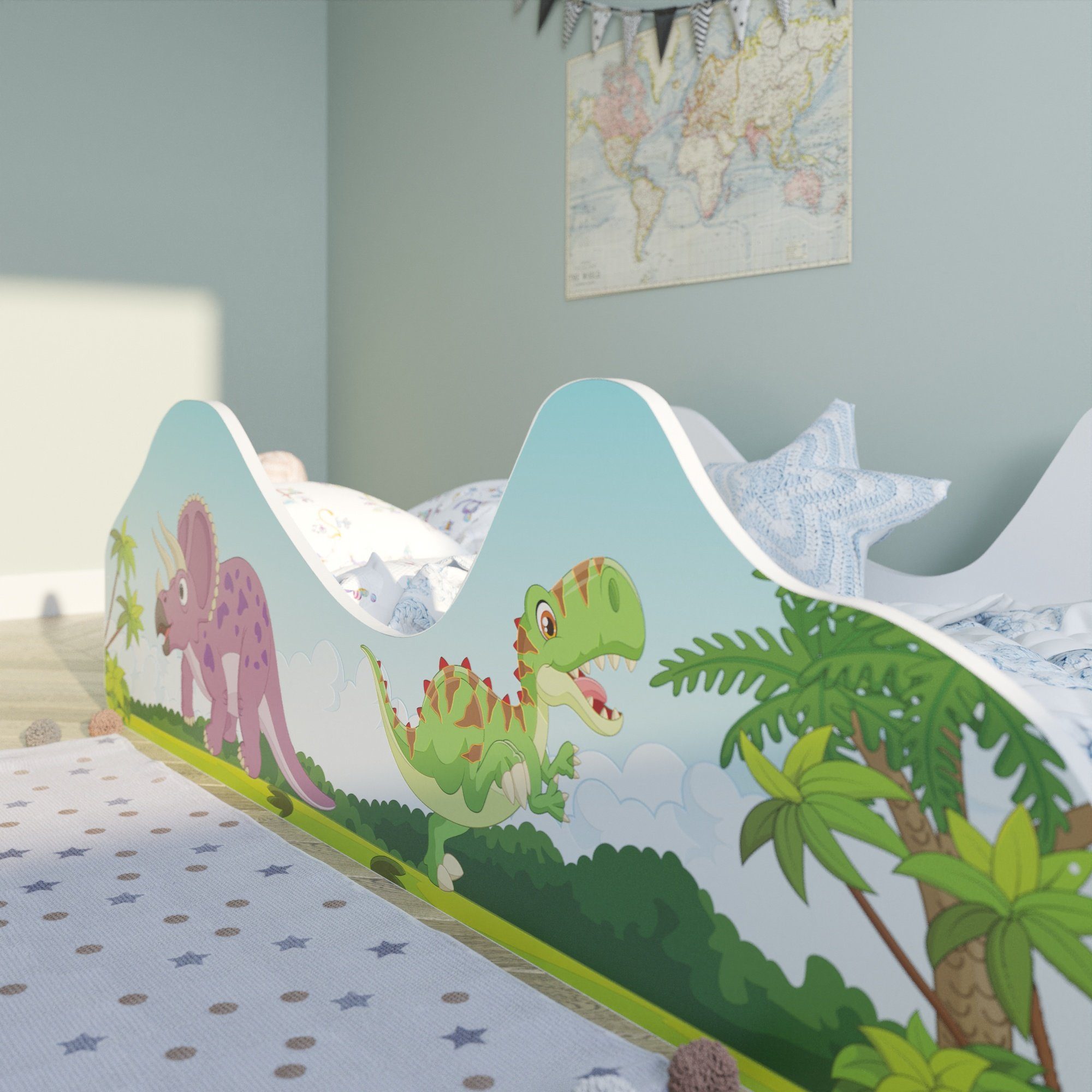Dinosaurier mit Jugendbett Matratze 80x160 Kanten, Kids Spielbett Collective mit Rausfallschutz, oder Motiv, optional mit abgerundeten Kinderbett Piraten