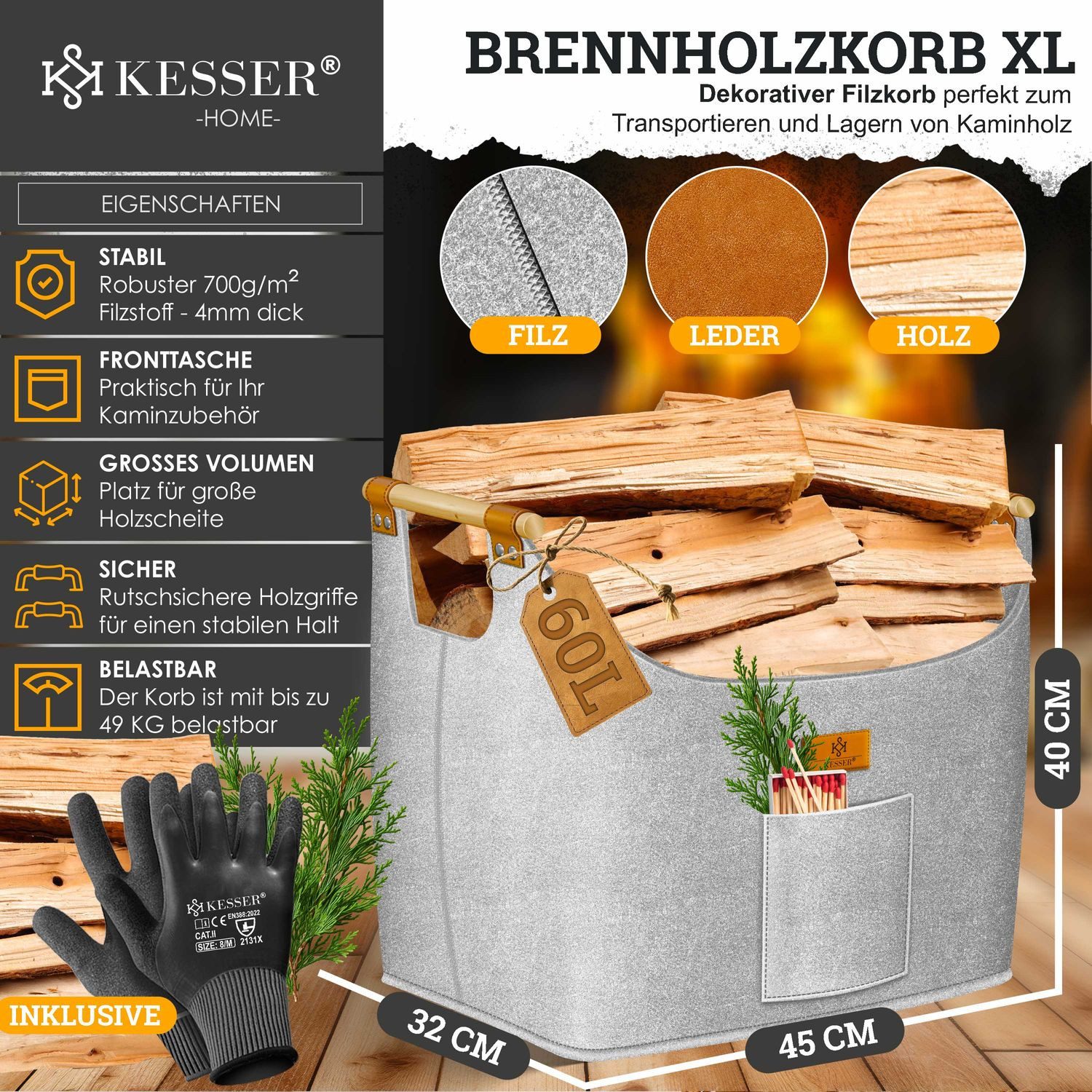 KESSER Kaminholzkorb XL – 60/90 L Volumen, rutschfeste Holzgriffe, Vielseit günstig online kaufen