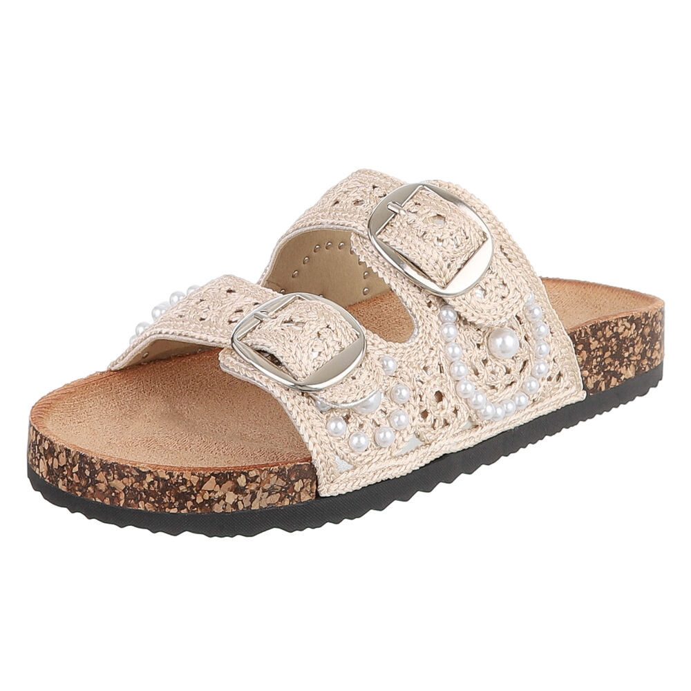 Ital-Design Damen Slides mit Schnallen und Perlenapplikation Pantolette (91971178) Flach Pantoletten in Beige