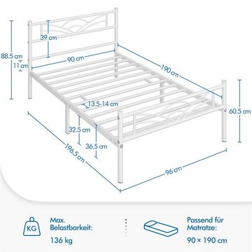 Yaheetech Bettgestell Metallbett, Bettrahmen mit Kopfteil, Doppel/Einzelbett