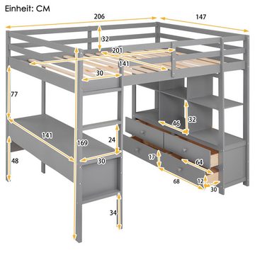 Fangqi Hochbett Großes Hochbett, Jugendbett mit Stauraum Schubladen und Schreibtisch