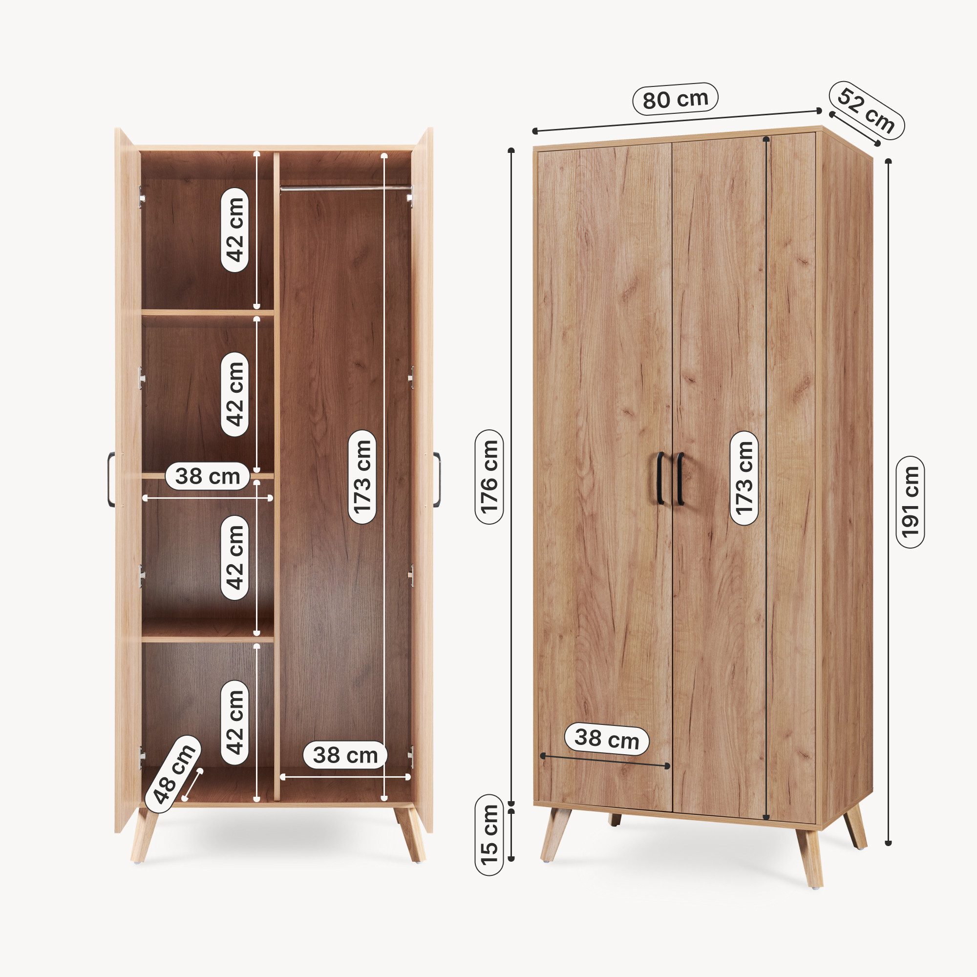 en.casa Kleiderschrank »Norg« 191 x 80 x 52 cm 2 Türen 1 Stange 4 Fächer Eicheoptik