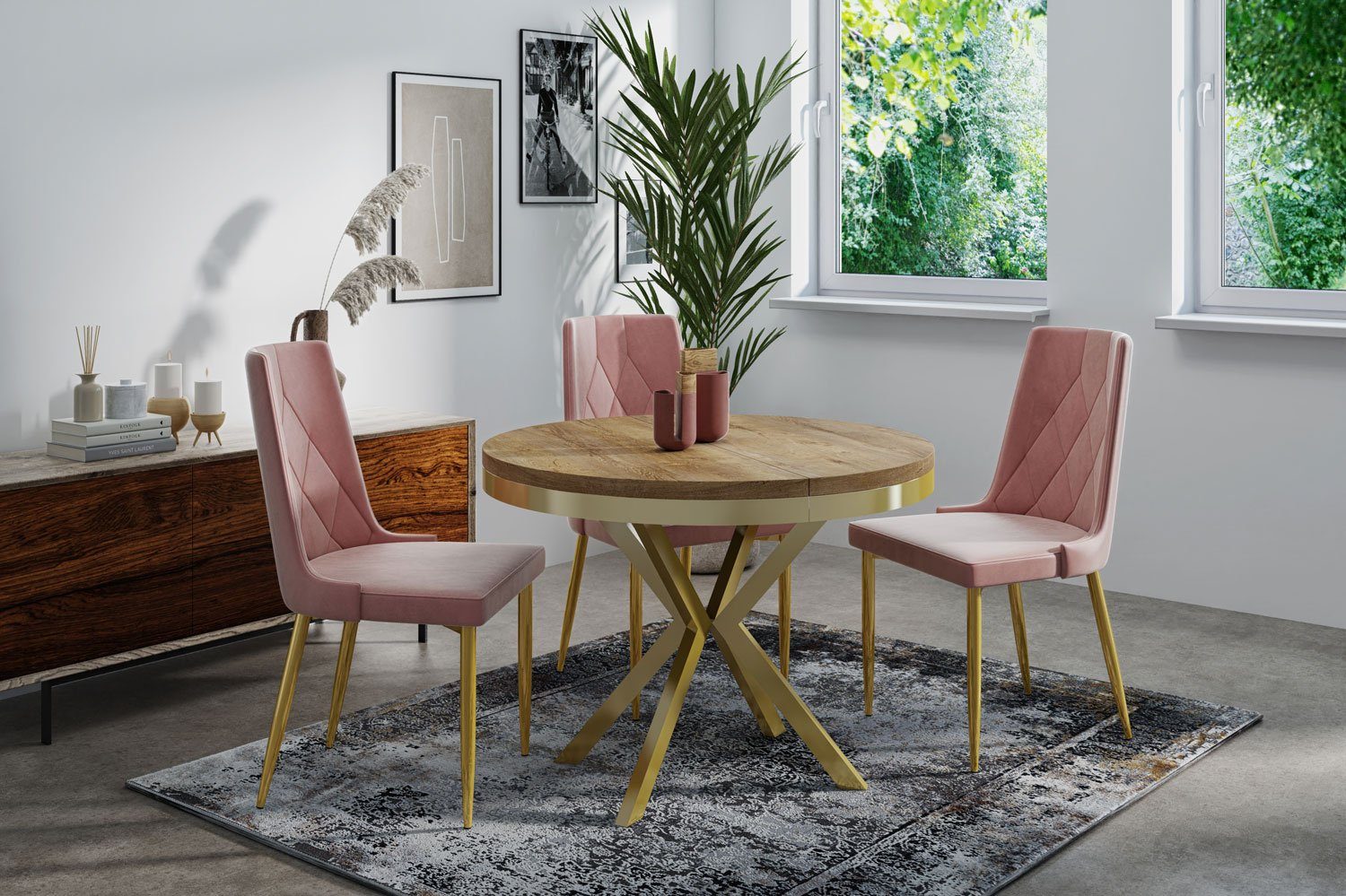 WFL GROUP Esstisch Dina ausziehbar rund industrial mit goldenen Metallbeinen (MADE IN EU, erhältlich in 3 Größen – 90/100/120 cm ausziehbar auf 170/180/200 cm), platzsparender Tisch in Holzoptik für Küche, Esszimmer oder Wohnzimmer