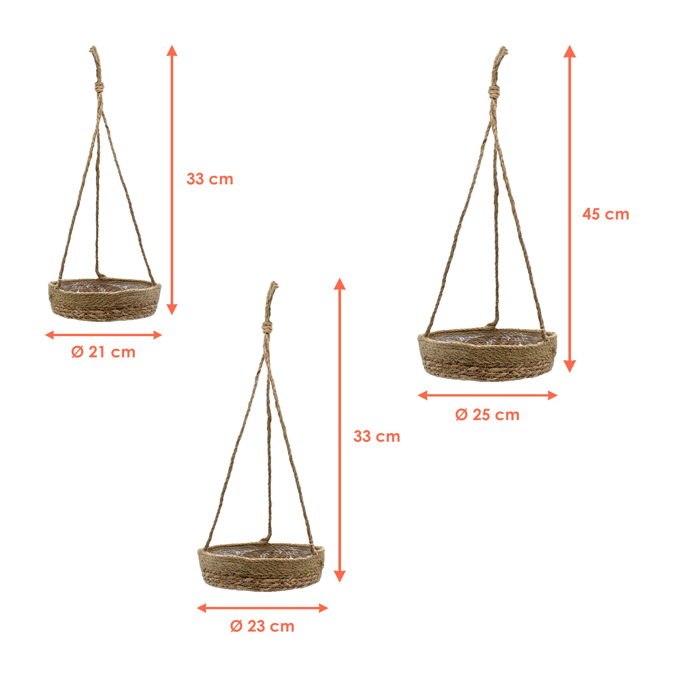 Spetebo Blumenampel aus Seegras mit Folie - Ø 25 / 23 / 21 cm - Geflochtener Blumentopf (3er Set, 1 St., Seegras Pflanztöpfe), eingearbeiteter Folie