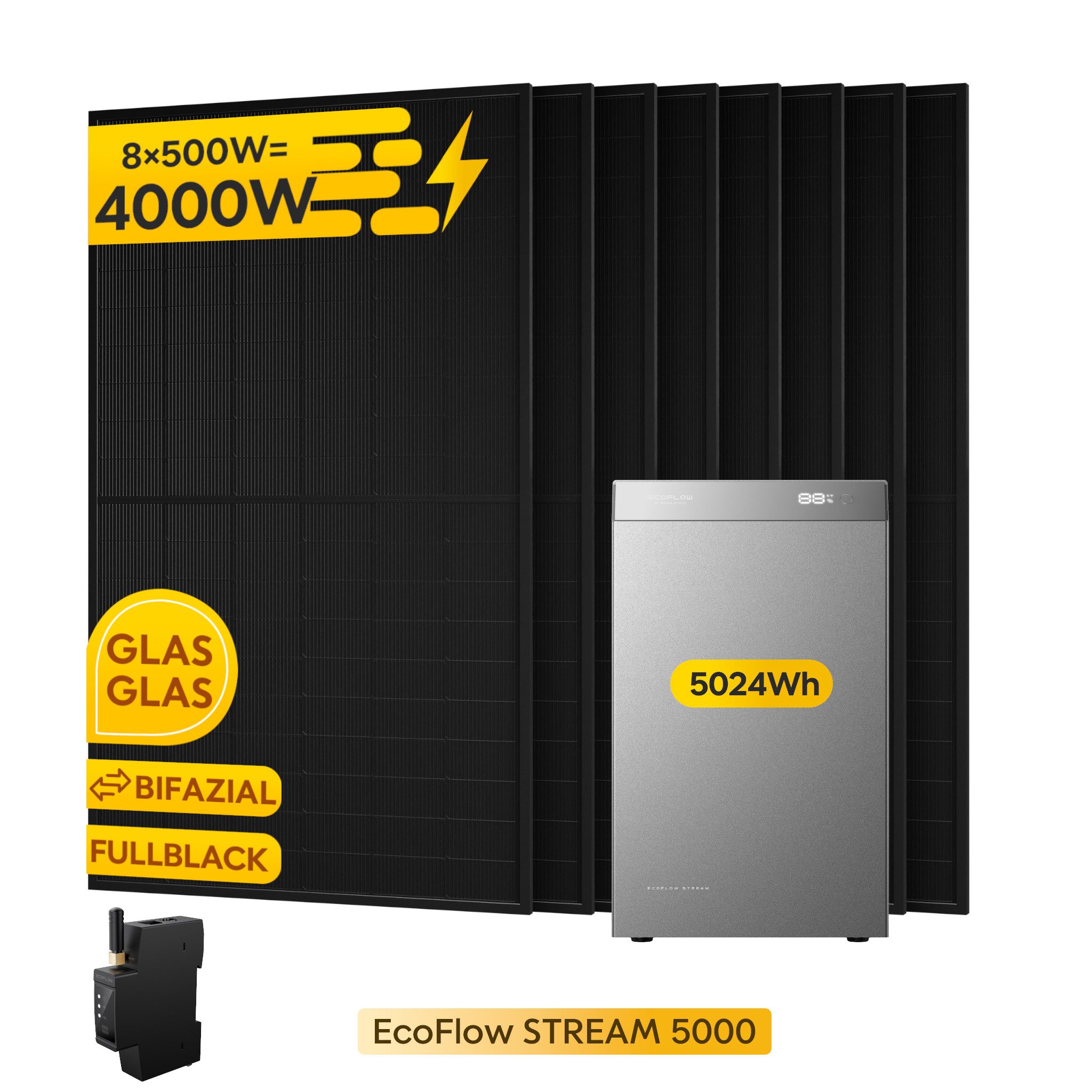 Ecoflow Balkonkraftwerk EcoFlow STREAM 5000 Speicher 5024Wh mit 4.000 Wp Solarmodule, (8×500 W Solarmodule), inkl. Smart Meter & Halterung (Optional)