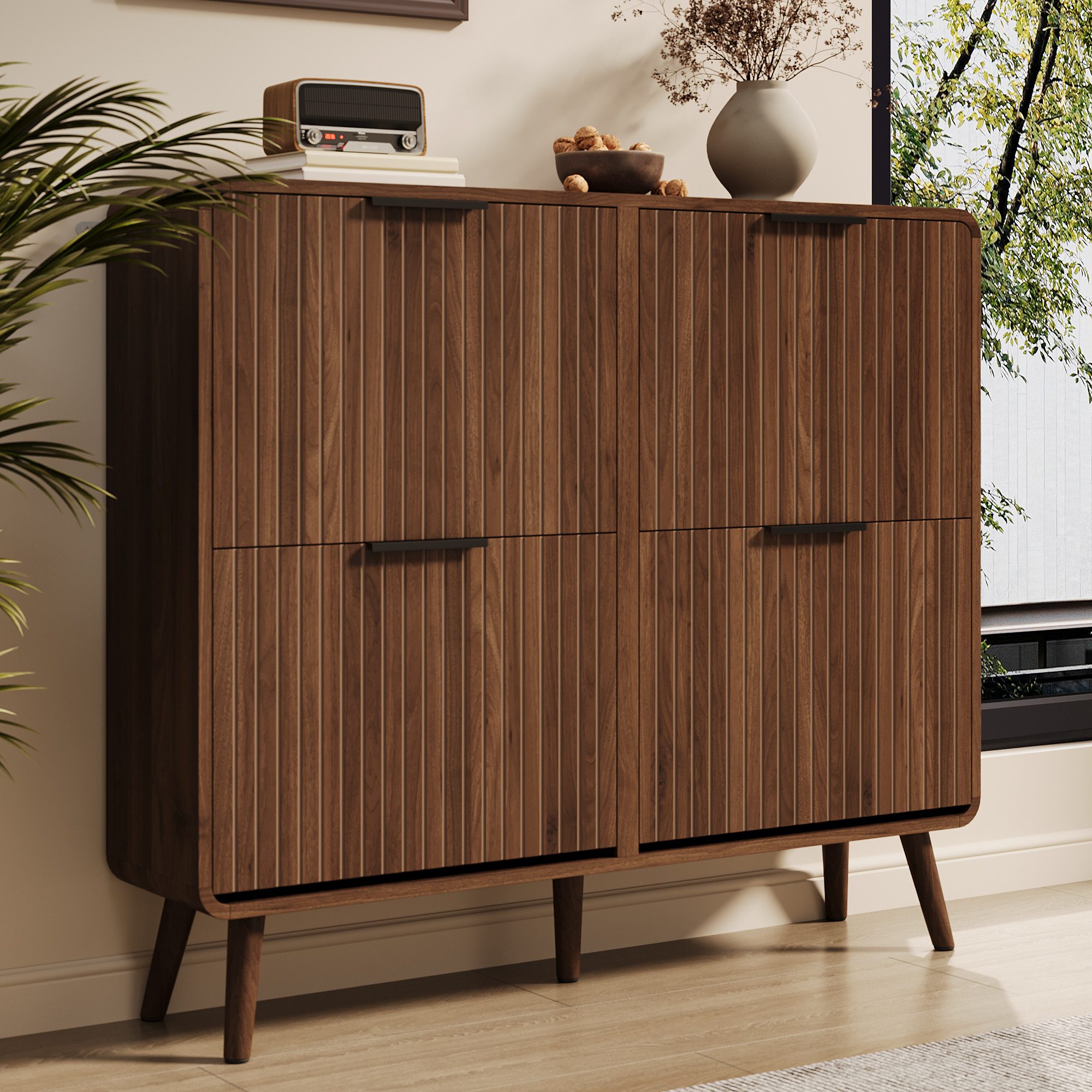 STILVORA Schuhschrank Schuhregal holz Schuhkipper mit Klappdeckel für 18 bis 24 Paar Schuhe (Packung, 1-St., Moderner skandinavischer Stil, 4 Flügeltüren) Doppelstöckiges Design mit Platz für 18–24 Paar Schuhe.