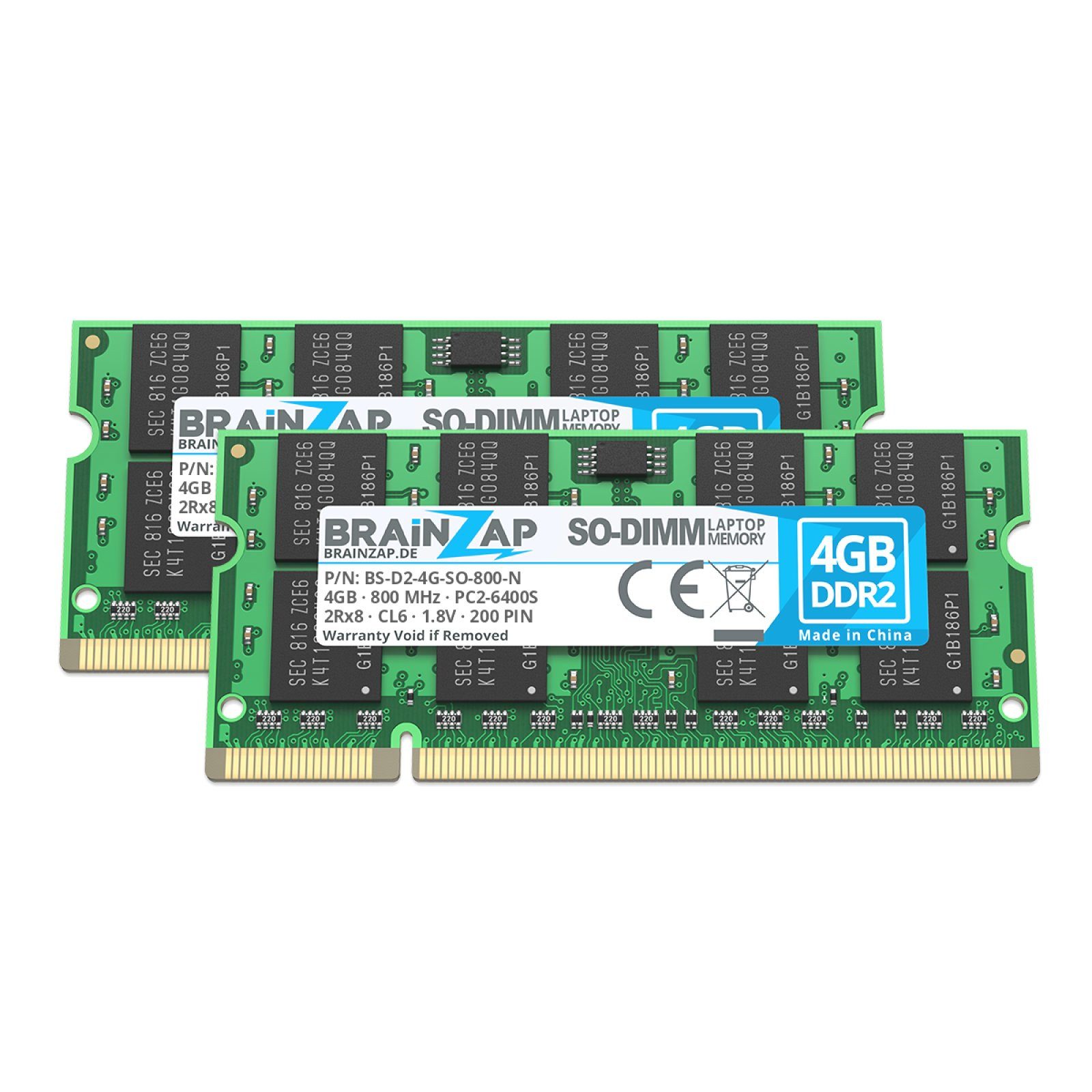BRAINZAP 8GB (2x 4GB) RAM PC2-6400S DIMM PC-Arbeitsspeicher (800 MHz, CL6, 2Rx8, Non-ECC, Unbuffered, für Notebooks - Intel und AMD)