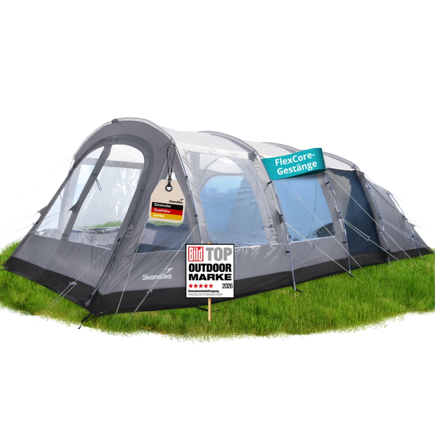 Skandika Tunnelzelt Svalgard 6 Sleeper Protect XL, FlexCore-Gestänge, UV-Schutz: UVP 50 +, Personen: 6 (schwarze Schlafkabine, Maße 765 × 380 x 220 cm, Tragetasche), 5000 mm Wassersäule, 210 cm Stehhöhe, Organizer-Taschen