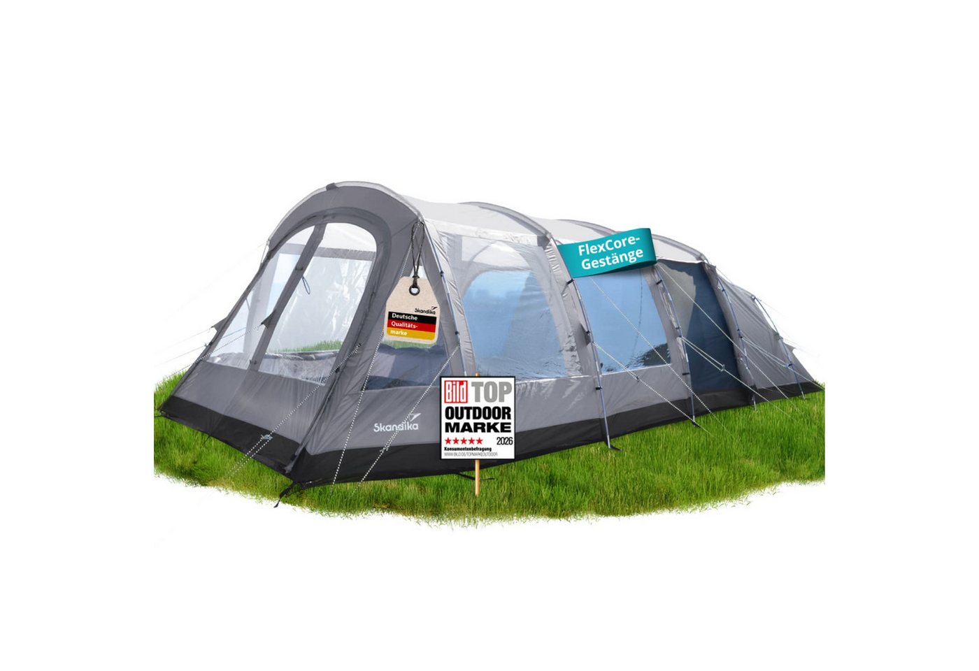 Skandika Tunnelzelt Svalgard 6 Sleeper Protect XL, FlexCore-Gestänge, UV-Schutz: UVP 50 +, Personen: 6 (schwarze Schlafkabine, Maße 765 × 380 x 220 cm, Tragetasche), 5000 mm Wassersäule, 210 cm Stehhöhe, Organizer-Taschen