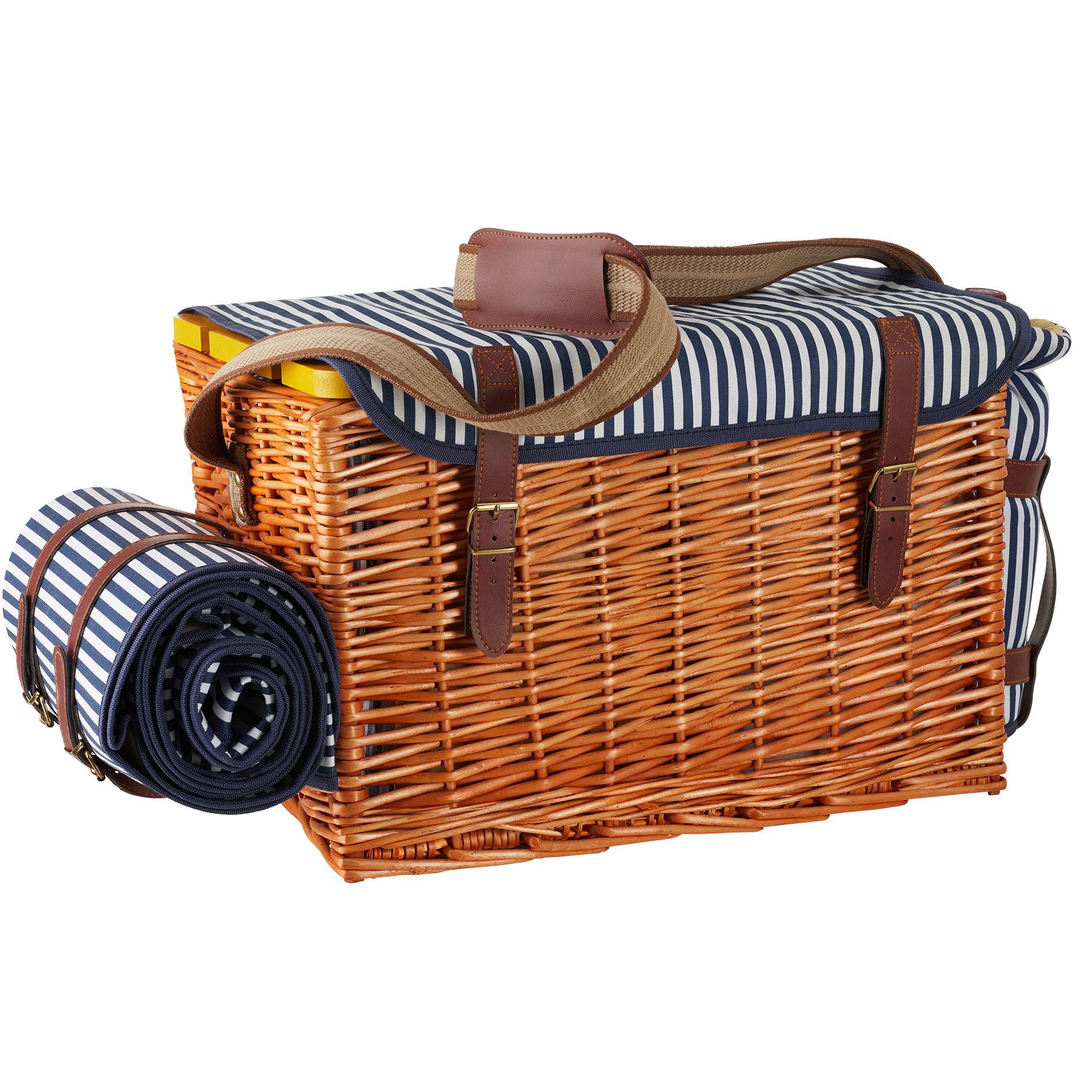 tectake Picknickkorb Weiden-Picknickbox für 4, 46,5x32x30 cm, Decke, Kühlfach/Tisch (Picknickkoffer Rügen, in braun), 20-tlg. Geschirr, Messer/Streuer/Weinkühler, 2 Schnallen, Verstellgurt