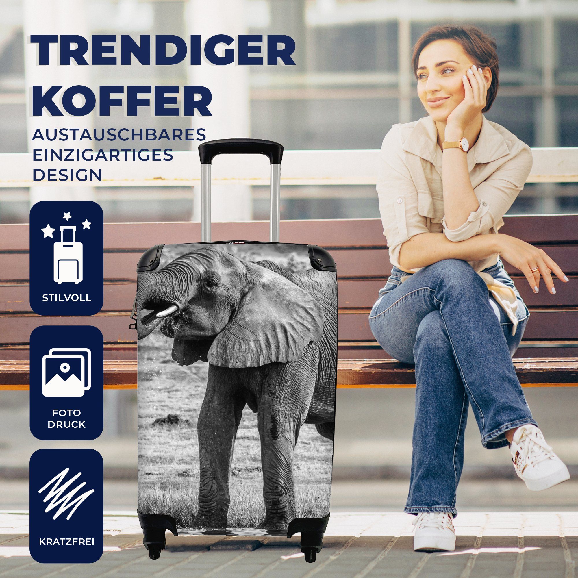 Tiere - - Ferien, Wasser Schwarz Trolley, Rollen, MuchoWow - - rollen, Reisetasche mit für Elefant Weiß, 4 Reisekoffer Handgepäckkoffer Handgepäck