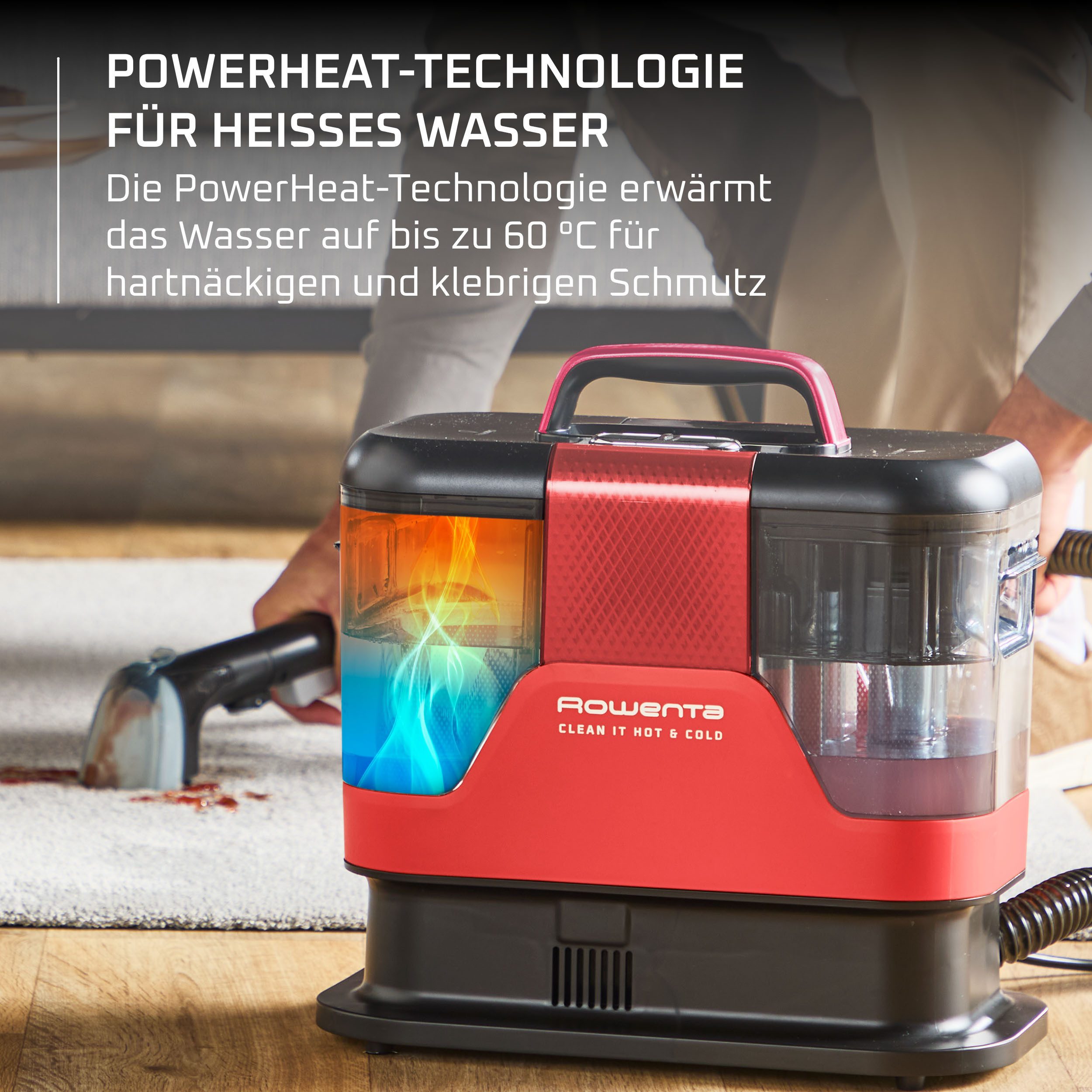 Rowenta Teppichreinigungsgerät Fleckenentferner IN7020, Clean It Hot & Cold, 1150 W, beutellos, PowerHeat 60 °C, 2,3 l/1,5 l Tanks, Auto‑Clean, Schmutzfänger-Au – Bild 4 von 5