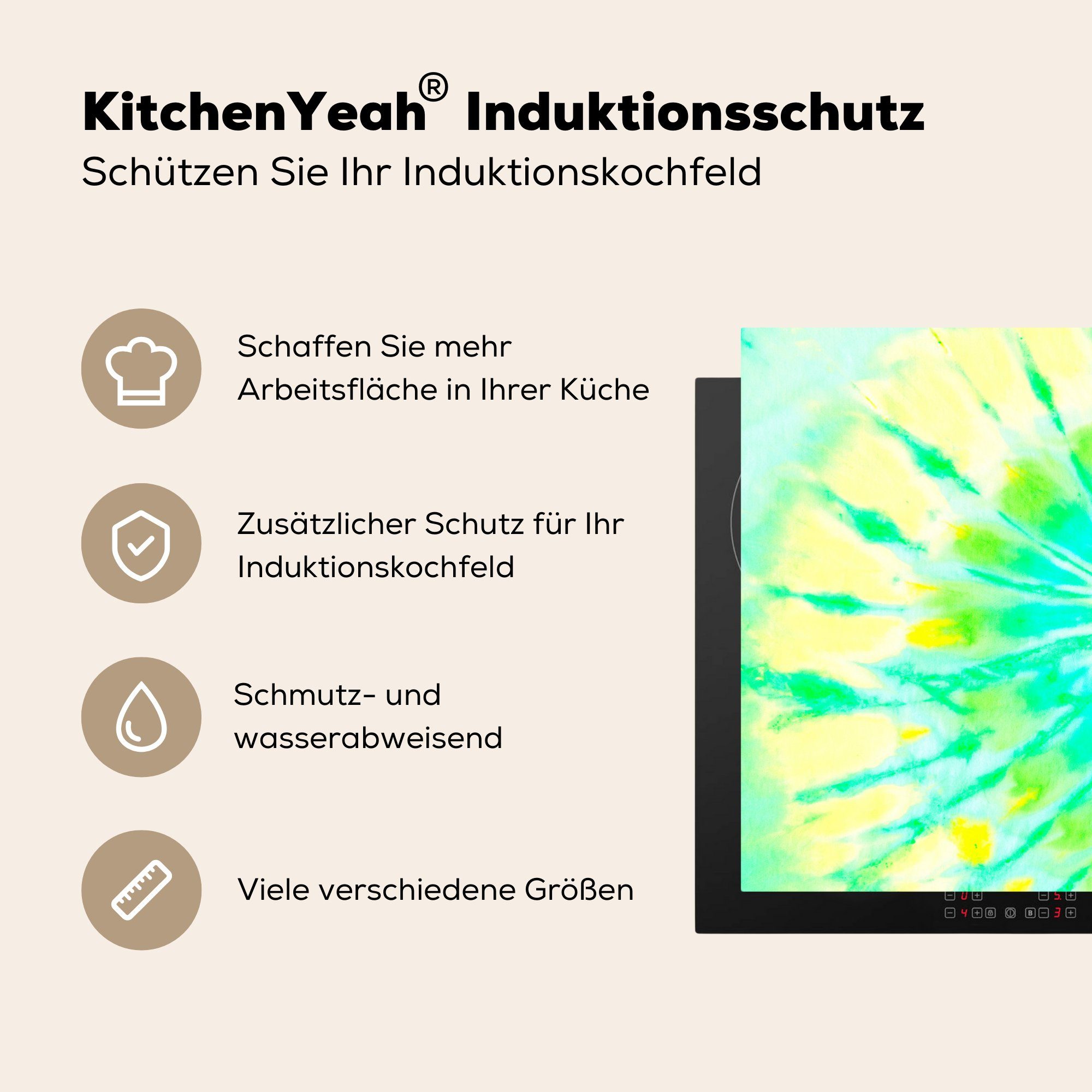 Gelb Vinyl, - Schutz Induktionskochfeld die küche, für (1 - 81x52 cm, Ceranfeldabdeckung Krawattenfärbung Herdblende-/Abdeckplatte Grün, MuchoWow tlg),
