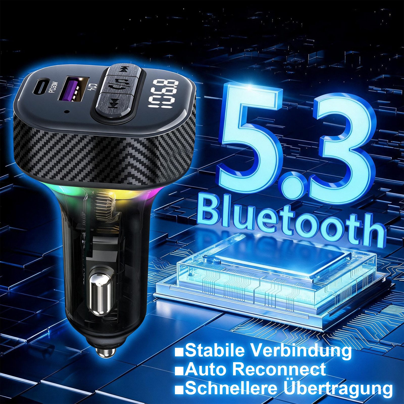 neue dawn Auto USB C Ladegerät KFZ Schnellladung FM Transmitter Bluetooth 5.3 KFZ-Netzteil (Handy Ladegerät, KFZ Bluetooth 5.3, 30W Schnellladung) – Bild 5 von 5