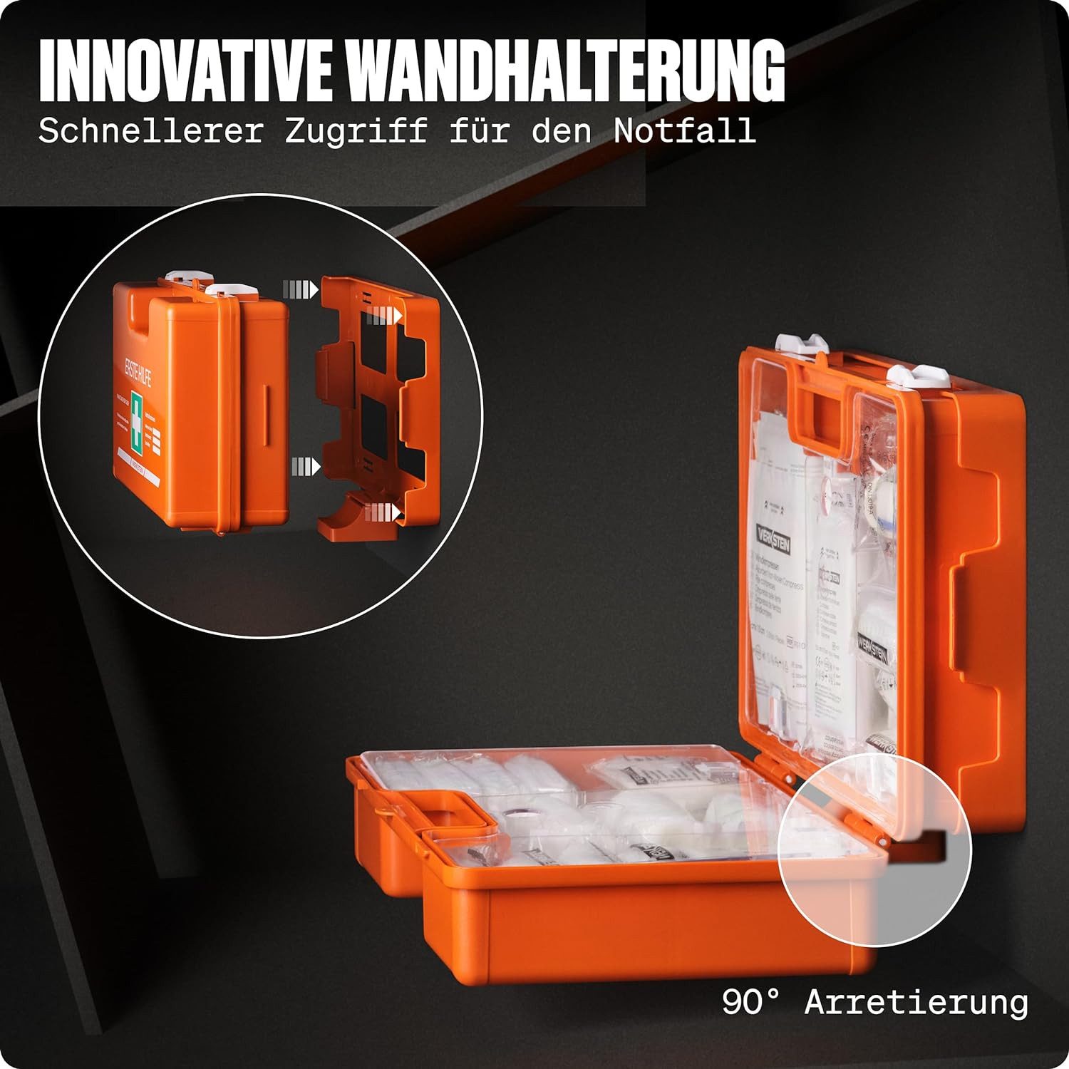 Werkstein Erste-Hilfe-Koffer mit Inhalt nach neuer DIN 13157:2021 I, (inkl. praktischer Wandhalterung, 5x Aufkleber & Plombe, 1 St), I Verbandskasten für Betriebe, Einrichtungen & Zuhause