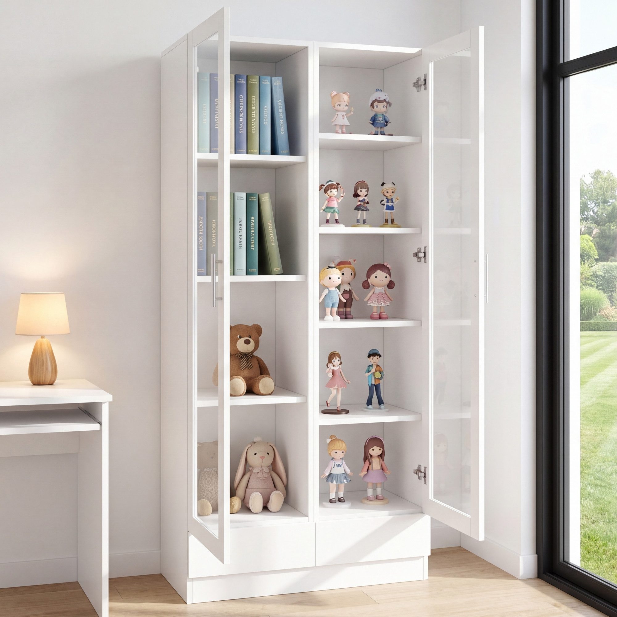 STILVORA Vitrine in Weiß Highboard Aufbewahrungsschrank Aktenschrank (Hartglas, Metallgriffe, 2 Schubladen, 80×40×160cm Weiß, 9 Fächer, Push-To-Open, Anti-Kipp, vielseitiger Stauraum) für Wohnzimmer, Büro, Schlafzimmer, Esszimmer