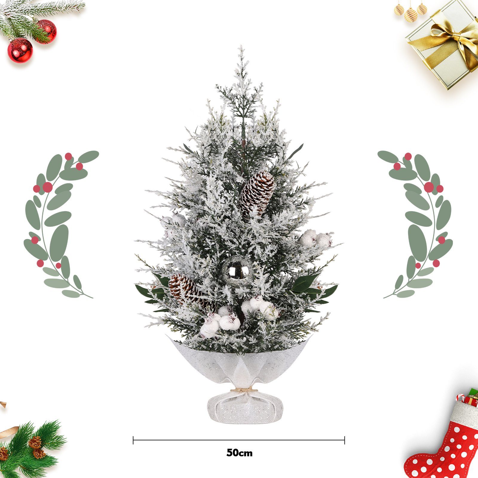 Salcar Künstlicher Weihnachtsbaum 50 cm Mini Christbaum mit Weihnachtsbaum Deko, mit Schnee, aus 100% PE, Mini Tannenbaum mit Schnee und Zementbasis – Bild 5 von 5