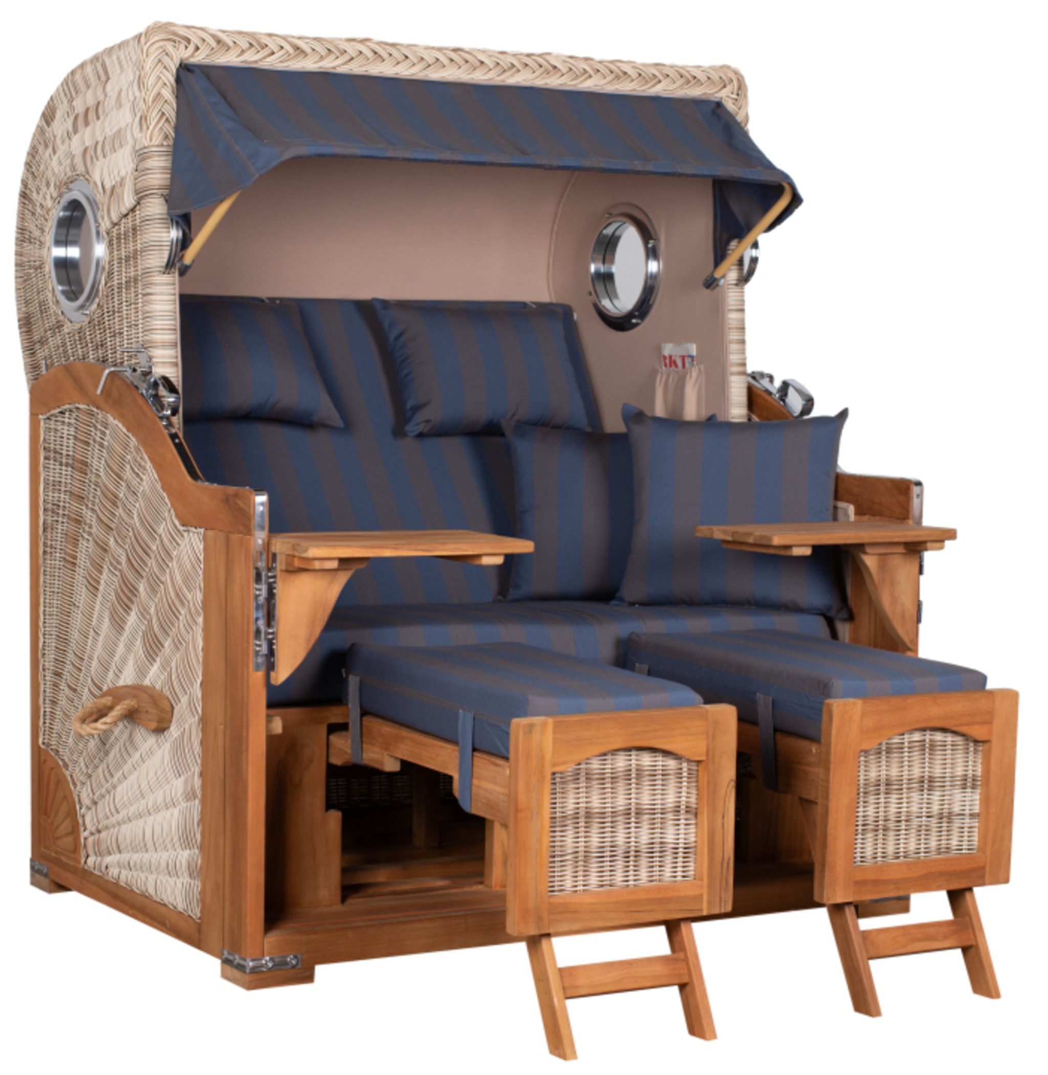 MR.DEKO Strandkorb Düne Grande Teak 2,5-Sitzer mit Bullauge & Volllieger 142x170cm, BxTxH: 142x95x170 cm, 2,5 Sitzer, Düne Grande, (2,5 Sitzer, komplett montiert geliefert), Strandkorb XXL wetterfest, Teakholz, V2A Edelstahl, UV-beständig