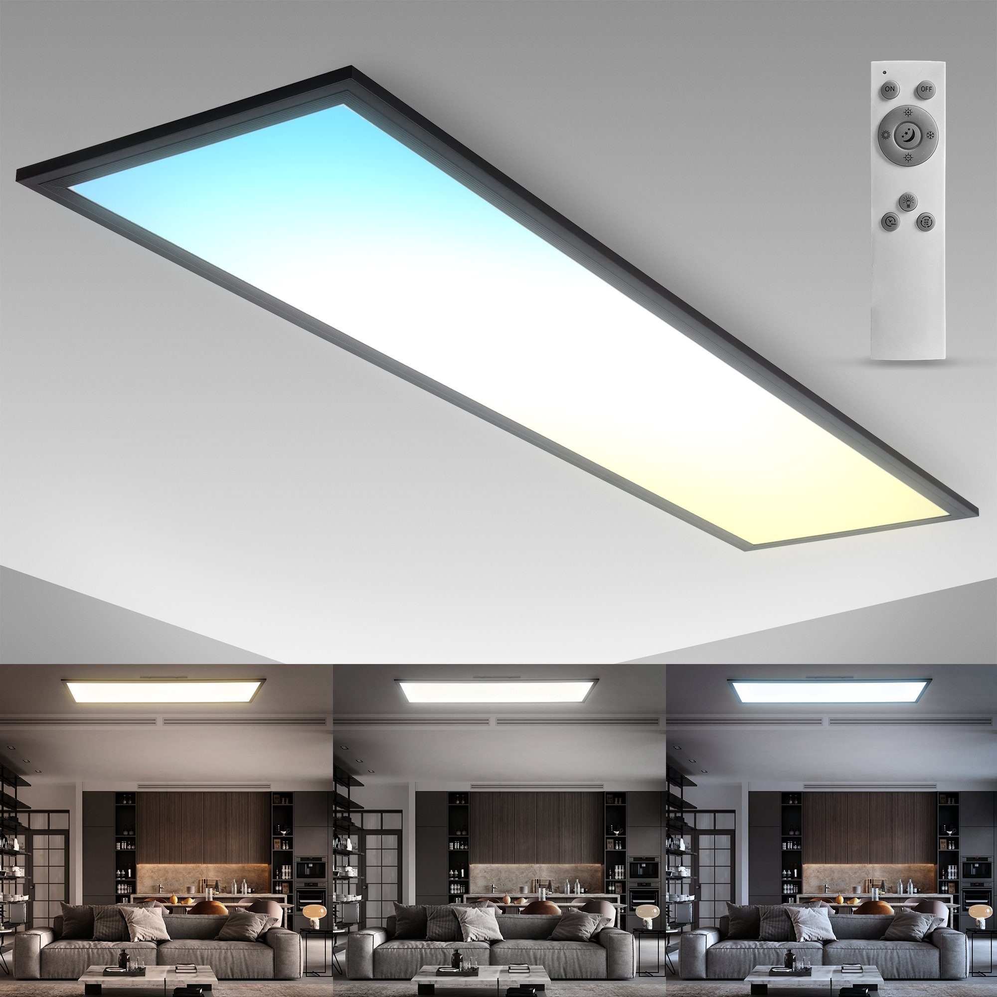 B.K.Licht LED Deckenleuchte BK_DP1498 Panel Deckenlampe, 1 Meter, Dimmbar, 24W, Schwarz, CCT - über Fernbedienung, LED fest integriert, warmweiß - kaltweiß, Farbtemperatursteuerung CCT, Fernbedienung, Timer, Kaltweiß-Warmweiß | Deckenlampen