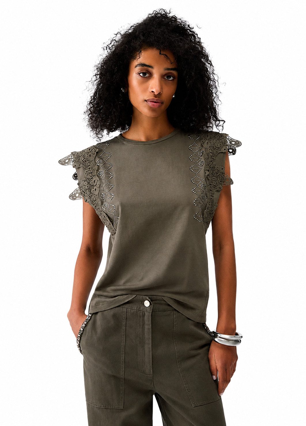 Liu Jo Spitzentop - Top Damen - elegantes Top - Spitze - Ärmellos - Strass - Olivgrün