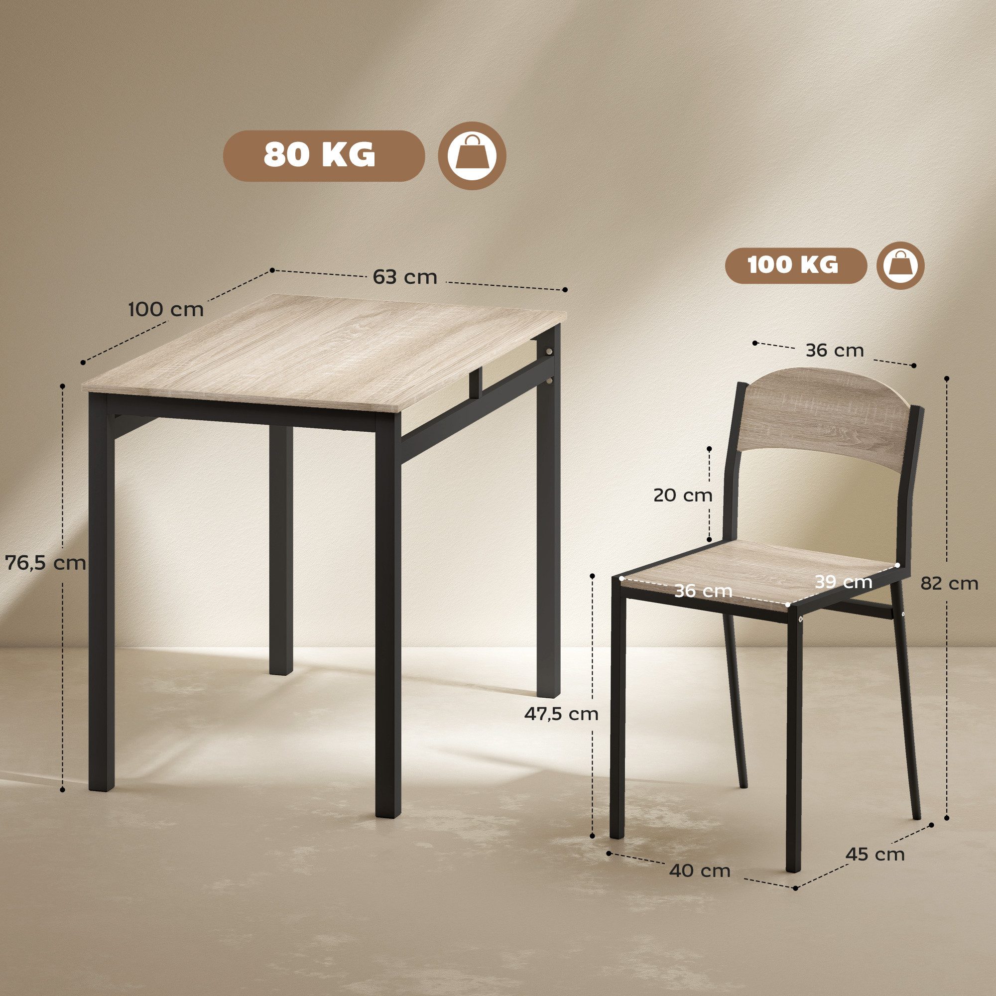 HOMCOM Essgruppe Rechteckig Esszimmergruppe Modern für kleine Raum, Eiche, (Küchentisch-Set, 5-tlg., Esszimmertisch), für Esszimmer, Küche, Naturholz+Schwarz