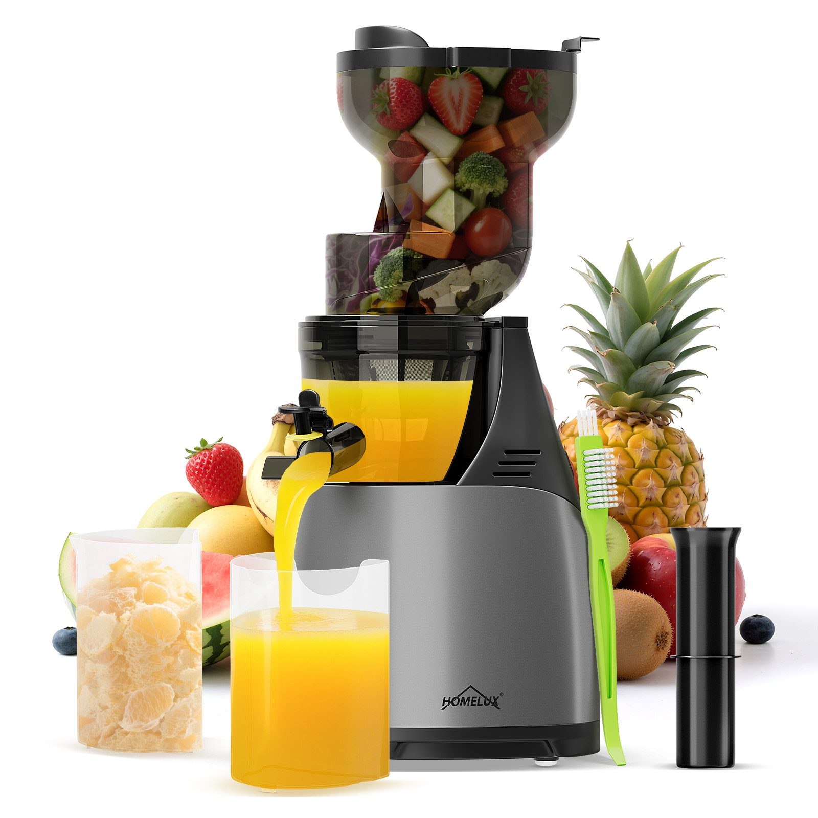 HOMELUX Slow Juicer Entsafter 140MM Öffnung für Ganze Gemüse Früchte mit 2 Tassen, Bürste, 150 W, BPA-Frei, Hohe Saftausbeute, Erhalt der Nährstoffe