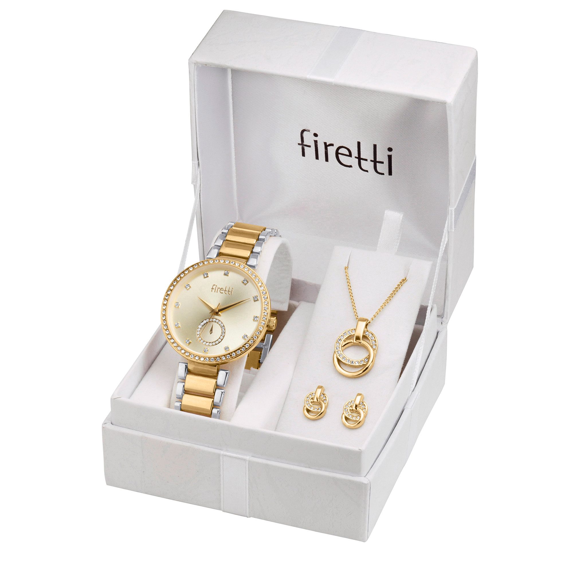 Firetti Quarzuhr Spectrum, (Set, 4-tlg., mit Anhänger, Kette und 1 Paar Ohrsteckern), Armbanduhr, Damenuhr, Ideal auch als Geschenk, analog, Glassteine