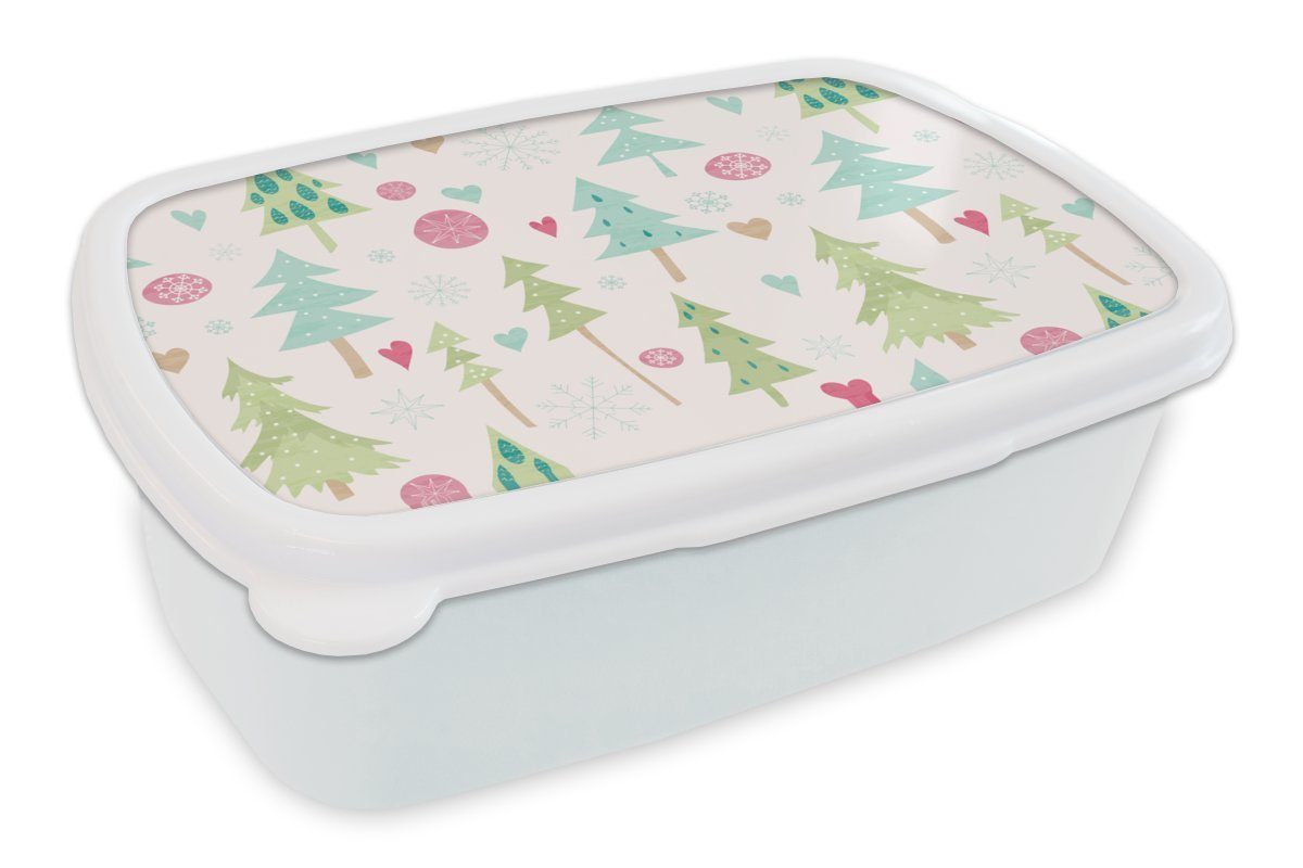 MuchoWow Lunchbox Winter - Wald - Muster - Schnee - Pastell, Kunststoff, (2-tlg), Brotbox für Kinder und Erwachsene, Brotdose, für Jungs und Mädchen weiß