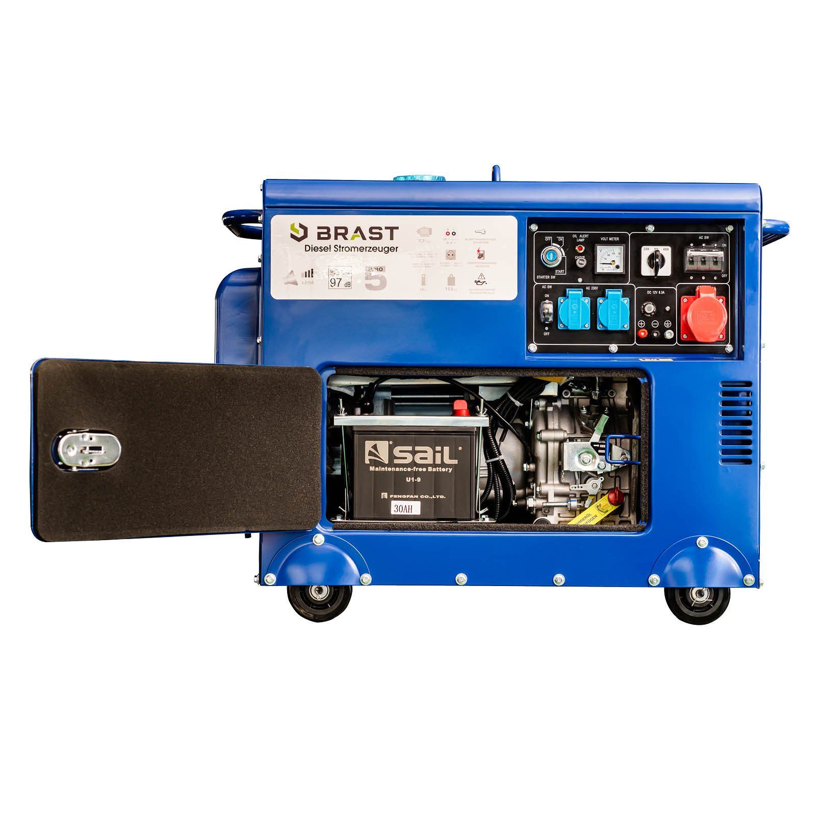 BRAST Stromerzeuger Diesel (7,7PS) 5000 418cm³ Einsatz Laufzeit), lange für 5,7kW Anschlüsse Stromgenerator 4-Takt-Dieselmotor Generator E-Start, (Zahlreiche Watt flexiblen mit