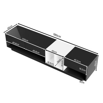 NMonet Lowboard TV-Schrank Breite 190cm, mit Schubladen und offenen Fächer, Hochglanz, Farbblockierendes Design