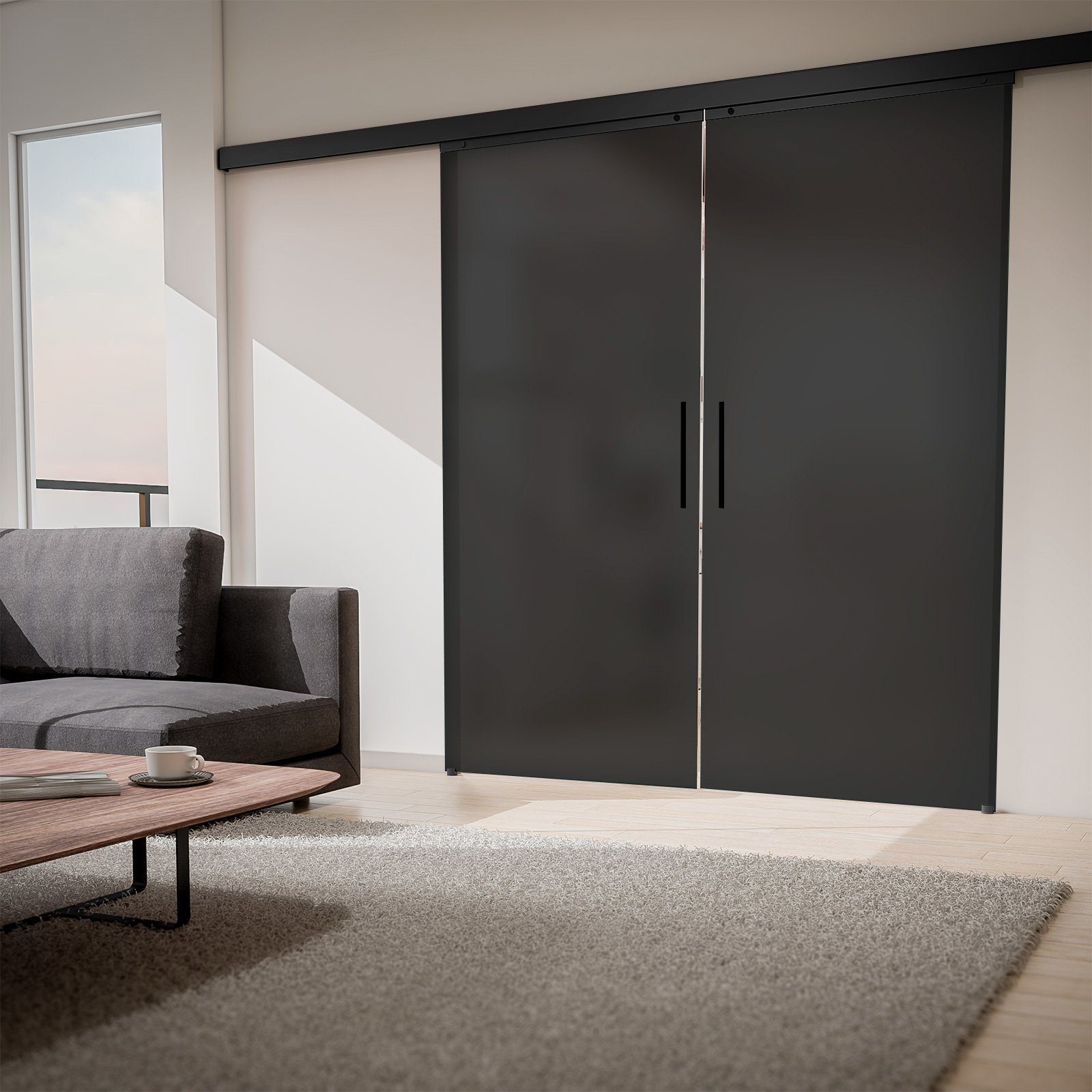 inova wohnen Doppelschiebetür Glas schwarz satiniert 180 x 203,5 cm (Komplett Set), mit Schienensystem